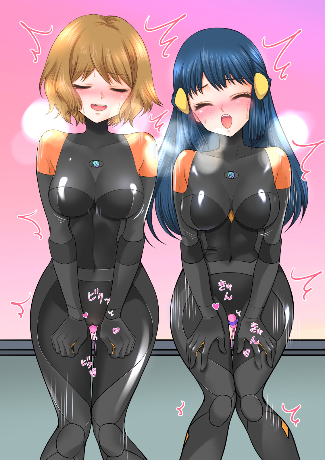 2 bodysuits, 2020s, 2026, 2girls, 5 fingers, alternate version at source, alternate version available, black eyelashes, blush, bodysuit, bouncing, bouncing breasts, breasts, breath, camel toe, cameltoe, closed eyes, clothing, cosplay, dawn (pokemon), emma (pokemon) (cosplay), eyebrows, eyebrows visible through hair, eyelashes, female, female only, front view, hikari (pokemon), honey hair, human, human only, japanese text, jiggling, jiggling breasts, jpeg, knee pads, looking pleasured, matiere (pokemon) (cosplay), mist, navel line, new artist, onomatopoeia, open mouth, page 5, pink background, pink vibrator, pokemon, pokemon (anime), pokemon dppt, pokemon legends, pokemon legends: z-a, pokemon xy, pussy, rubber, rubber clothing, rubber suit, serena (pokemon), shiny clothes, sitting, sitting on bench, sweat, sweatdrop, text, tight clothing, translated, tremble lines, trembling, vibrating, vibrator, vibrator cord, vibrator on pussy, vibrator taped to pussy, yuri