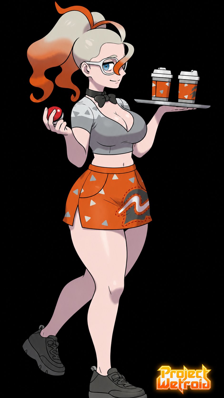 artist_logo artist_name belly big_breasts blue_eyes boob_window coffee_cup edit edited_official_artwork eyewear glasses grey_hair griselle_(pokemon) holding_object holding_plate looking_at_viewer official_art plate pokemon pokemon_legends:_z-a projectwetroid red_hair ribbon short_skirt