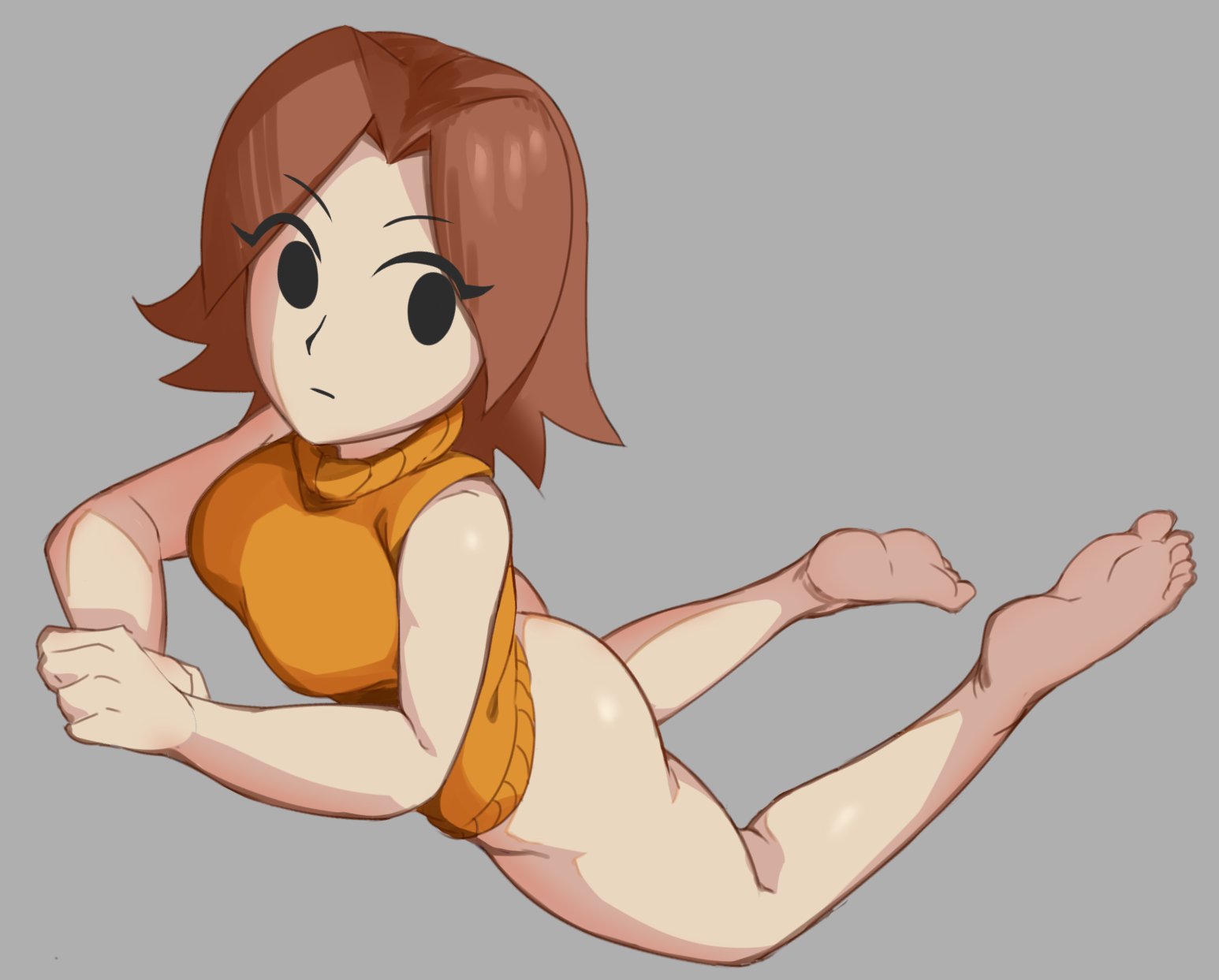 1girls, ass, bare shoulders, barefoot, bottomless, brown hair, feet, female, female only, full body, grey background, legs, looking to the side, lying, mii, mii gunner, mii gunner (smash 4), mob face, naked shirt, nintendo, o o, on stomach, orange sweater, short hair, simple background, sleeveless, sleeveless shirt, soles, solid circle eyes, solo, super smash bros., super smash bros. for nintendo 3ds and wii u, sweater, the pose, toes, turtleneck sweater, vulpyalt