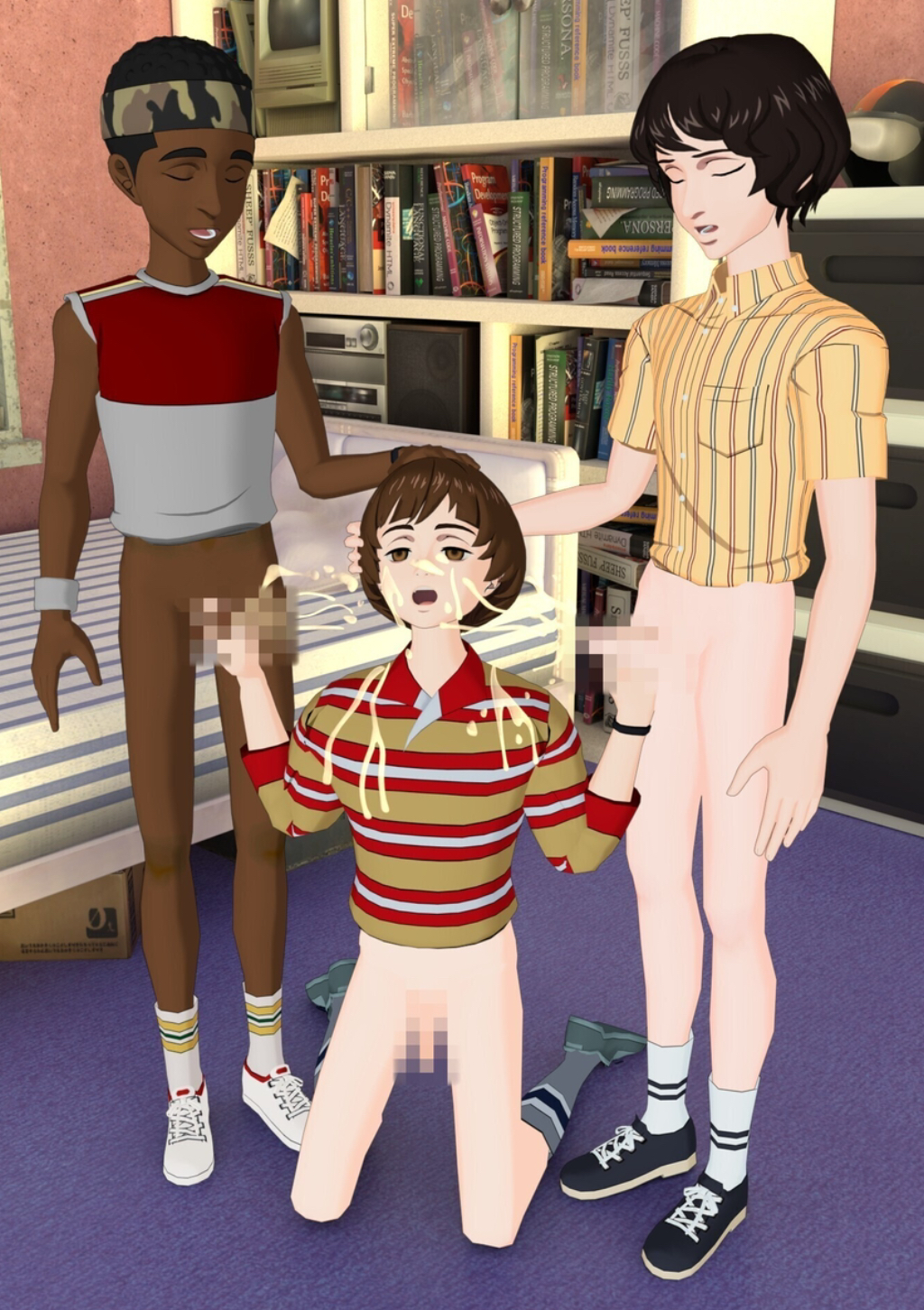 3boys 3d censored cum cum_drip cum_on_face cumshot cumshot_in_mouth cumshot_on_face femboy group group_sex lucas_sinclair mike_wheeler open_mouth oral orgasm penis sex stranger_things threesome will_byers