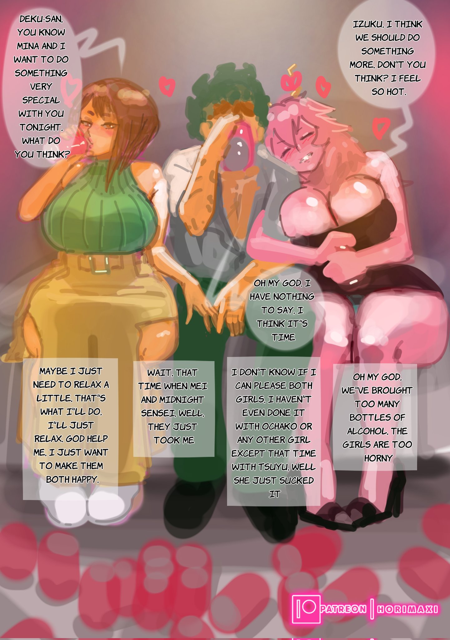 2girls1boy, ashido mina, ass, big ass, big breasts, blush, blushing, boku no hero academia, breasts, bubble butt, butt, cleavage, clothed, curvy, curvy figure, deku, dialogue, dress, drinking, horimaxi, huge ass, huge breasts, illustration, imminent sex, izuku midoriya, midoriya izuku, mina ashido, mina ashido time-skip, my hero academia, my hero academia (finale), ochako uraraka, post-timeskip, smile, threesome, uraraka ochako, voluptuous