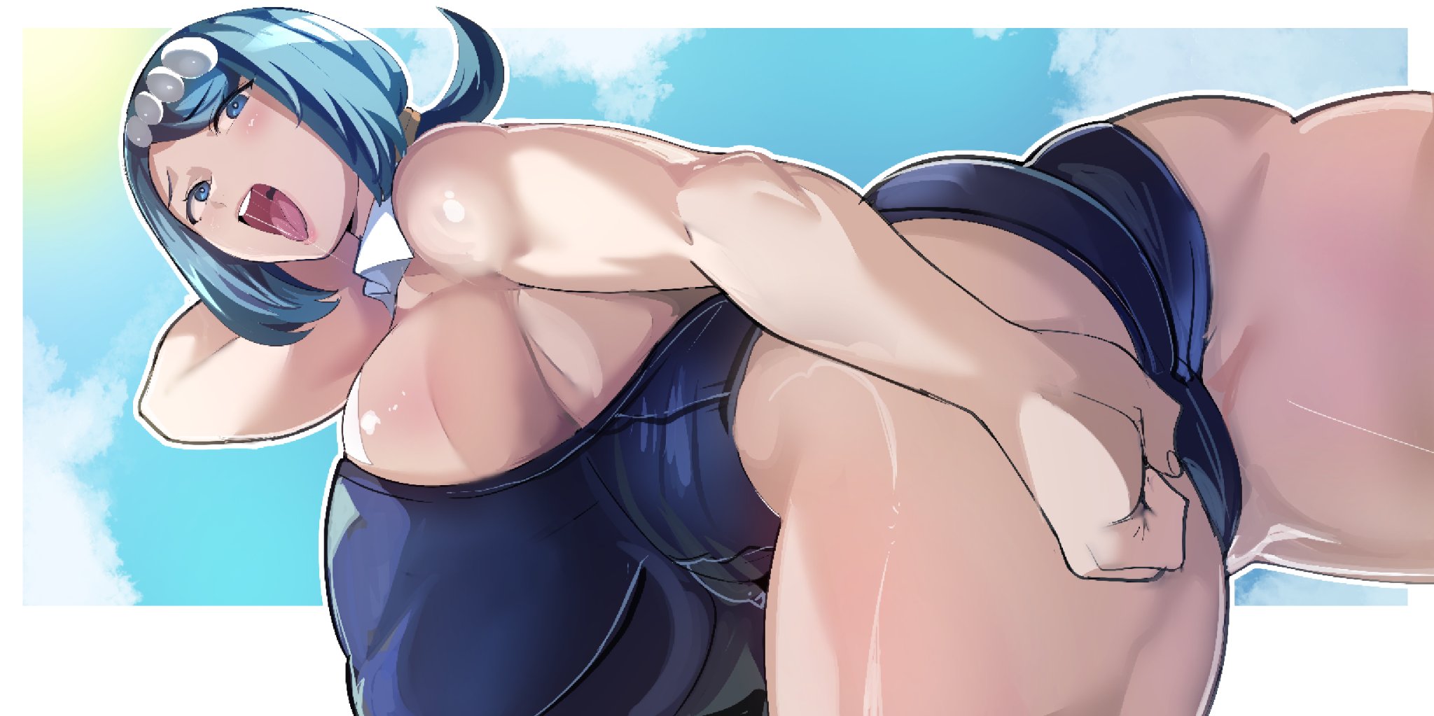 1girls, ass, blue eyes, blue hair, breasts, breasts bigger than head, female, female only, game freak, julioalqae, lana's mother (pokemon), light skin, light-skinned female, mature female, milf, nintendo, pokemon, pokemon sm, solo, solo female, swimsuit, thighs