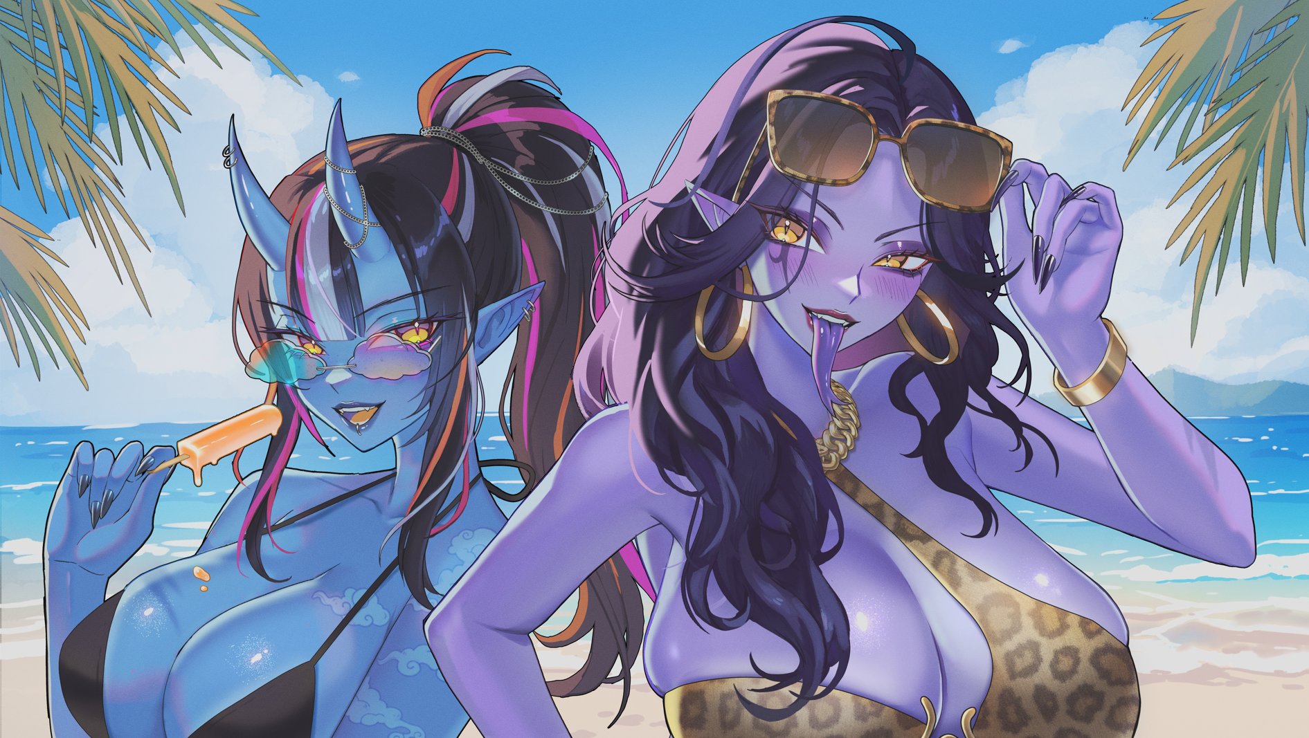 2girls, animal print, beach, bikini, black bikini, black hair, black nails, blue skin, bracelet, breasts, character request, cleavage, colored skin, earrings, eyewear on head, facial mark, food, gold bracelet, gold earrings, highres, holding, holding food, holding popsicle, hoop earrings, horns, indie virtual youtuber, jewelry, large breasts, leopard print, lips, melting popsicle, multicolored hair, multiple girls, ocean, oni, open mouth, pink hair, pointy ears, ponytail, popsicle, purple skin, second-party source, snake girl, streaked hair, swimsuit, tongue, tongue out, upper body, vexoria the sun eater, virtual youtuber, vtuber, white hair, yellow eyes