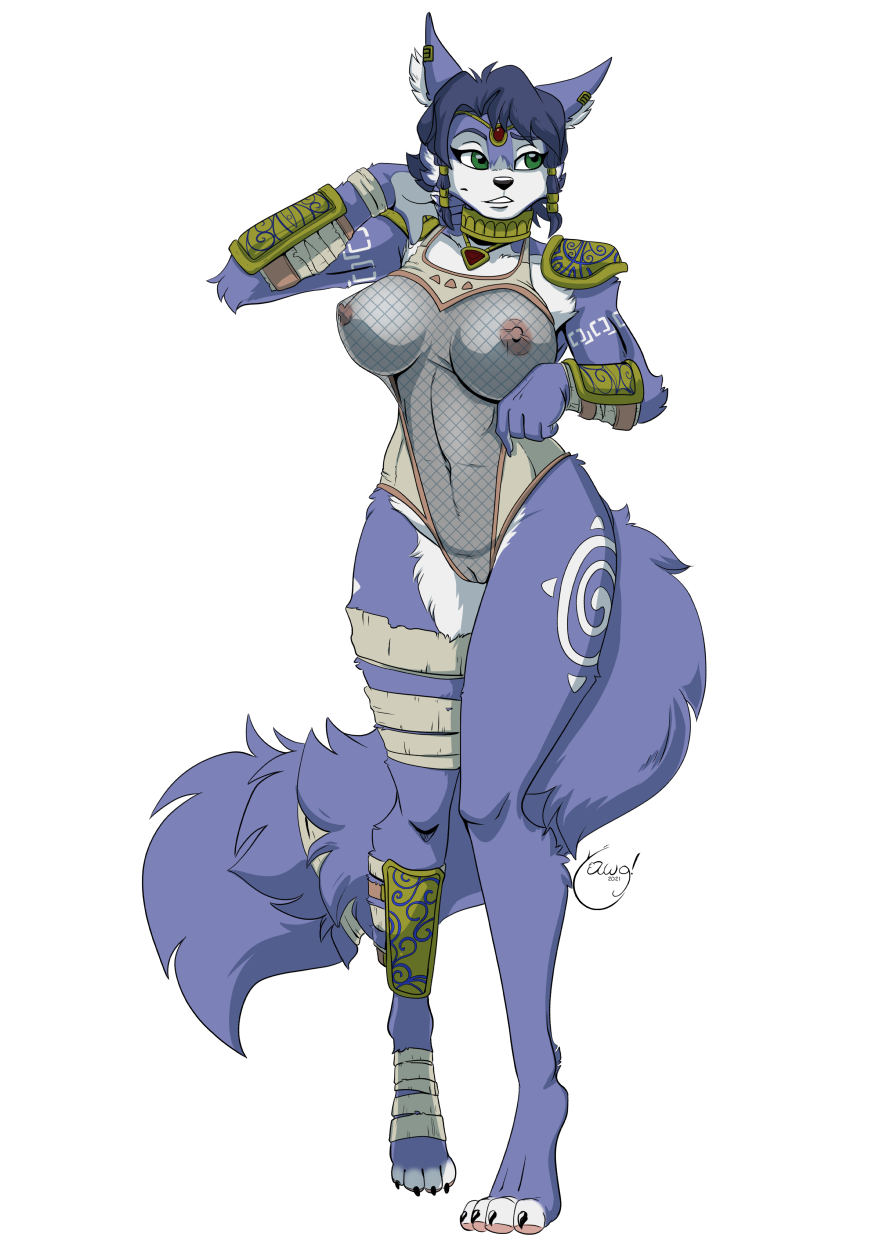 alpha_channel anthro blue_body blue_fur blue_hair breasts canid canine female fox fur furry genitals green_eyes highres krystal mammal navel nintendo nipples pussy simple_background solo star_fox transparent_background yawg