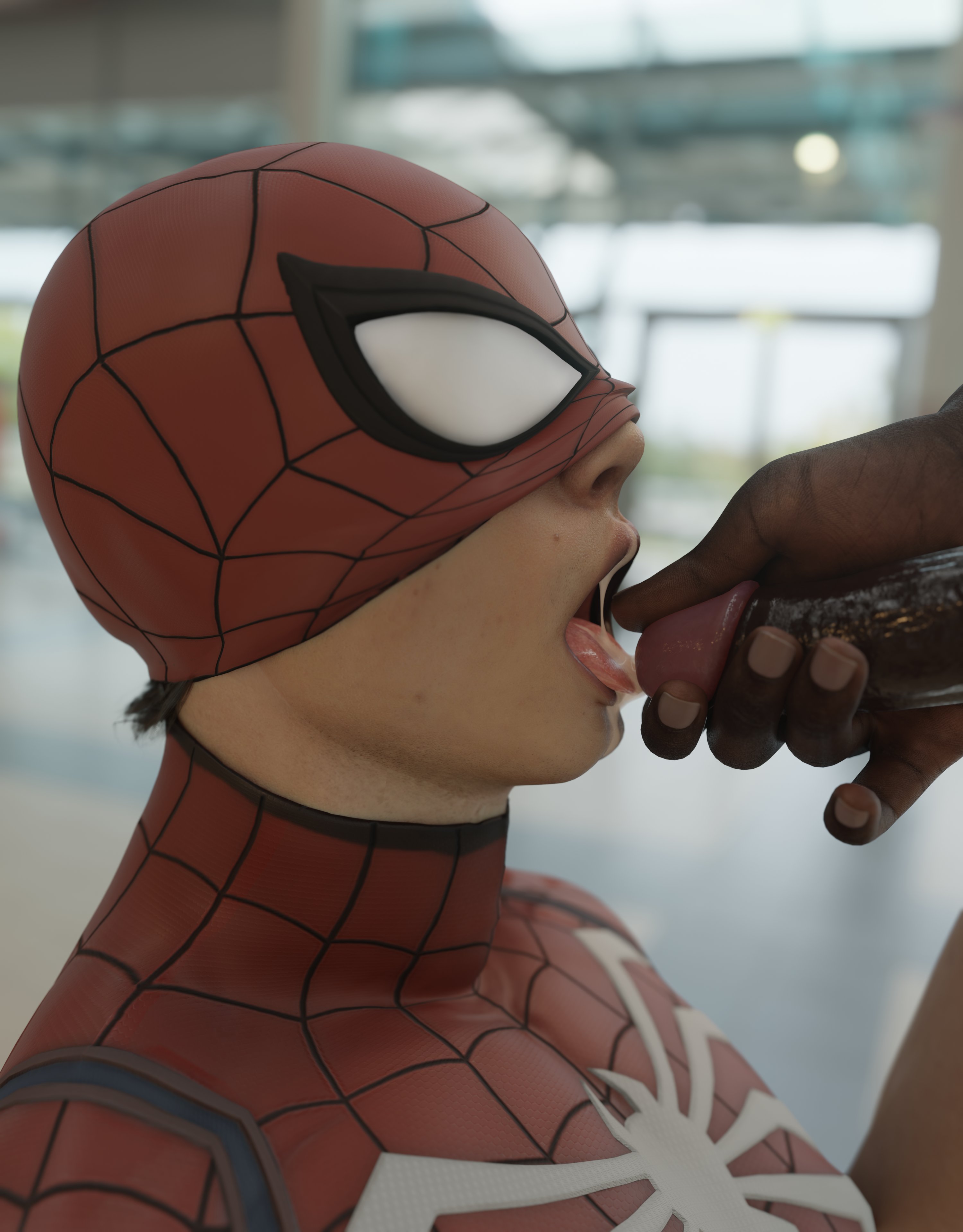 2boys, 3d, brown skin, cum, cum in mouth, cum on face, dark-skinned male, embercock, emberstock, fellatio, gay, gay male, gay sex, insomniac games, interracial, interracial yaoi, kneeling oral position, light skin, light-skinned male, male, male only, male/male, marvel, marvel comics, mask partially removed, masked, masked male, mouth open, oral, oral sex, peter parker, public, public sex, spider-man, spider-man (ps4), spider-man (series), spider-man 2 (ps5), superhero, superhero costume, tongue out, very dark skin, yaoi