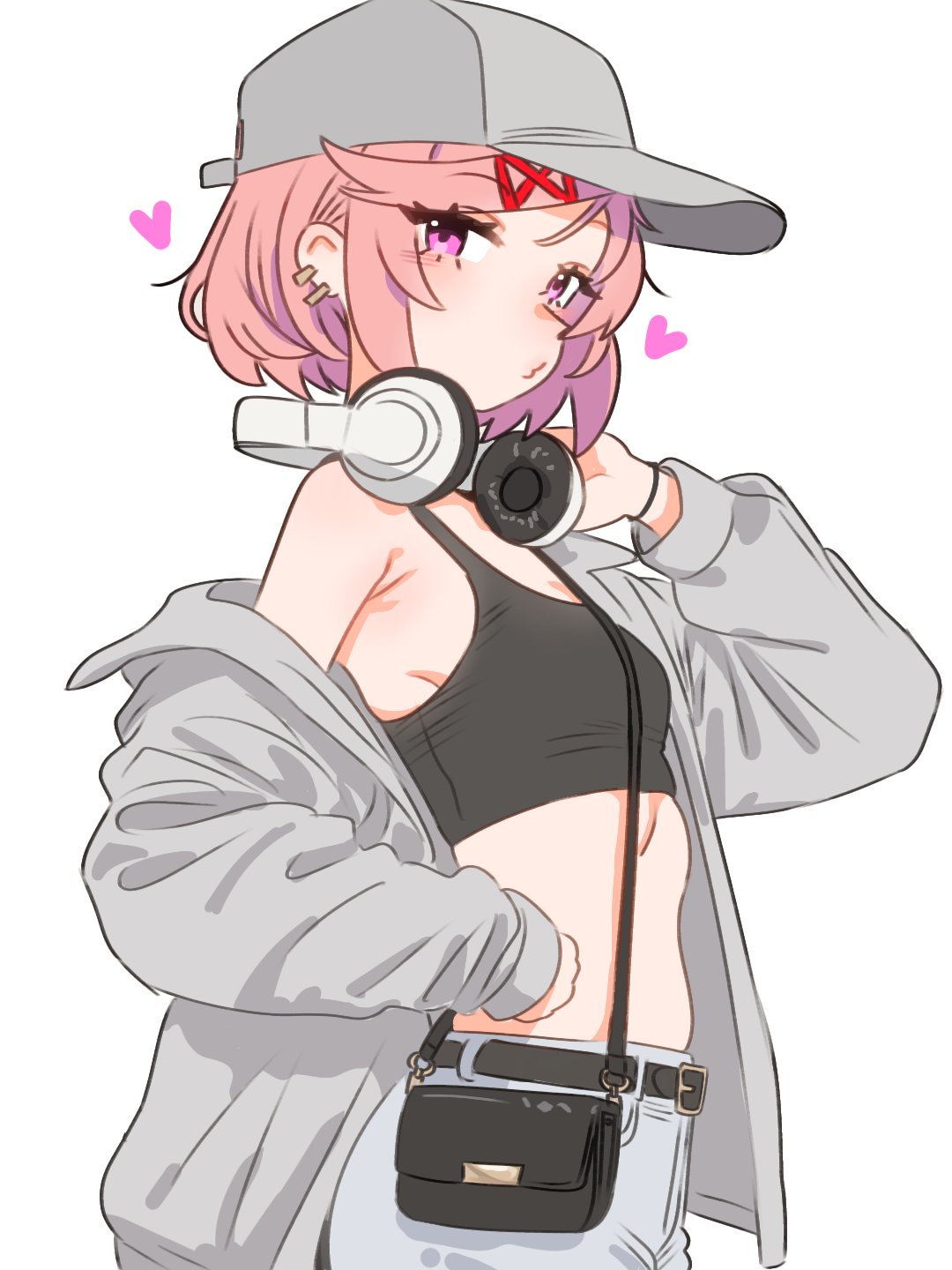 adorable, bag, bare shoulders, belt, black belt, black tank top, bracelet, commentary, cowboy shot, crop top, cute, ddlc, denim, doki doki literature club, earrings, from side, hair ribbon, handbag, headphones, headphones around neck, heart, highres, jacket, jeans, jewelry, jpg, natsuki (doki doki literature club), off shoulder, open clothes, open jacket, oversized jacket, pants, pink eyes, pink hair, pretty, pretty face, pretty girl, puckered lips, questionable, red ribbon, ribbon, serenity forge, short hair, simple background, skreamyy, stomach, streetwear, tank top, team salvato, white background, wholesome