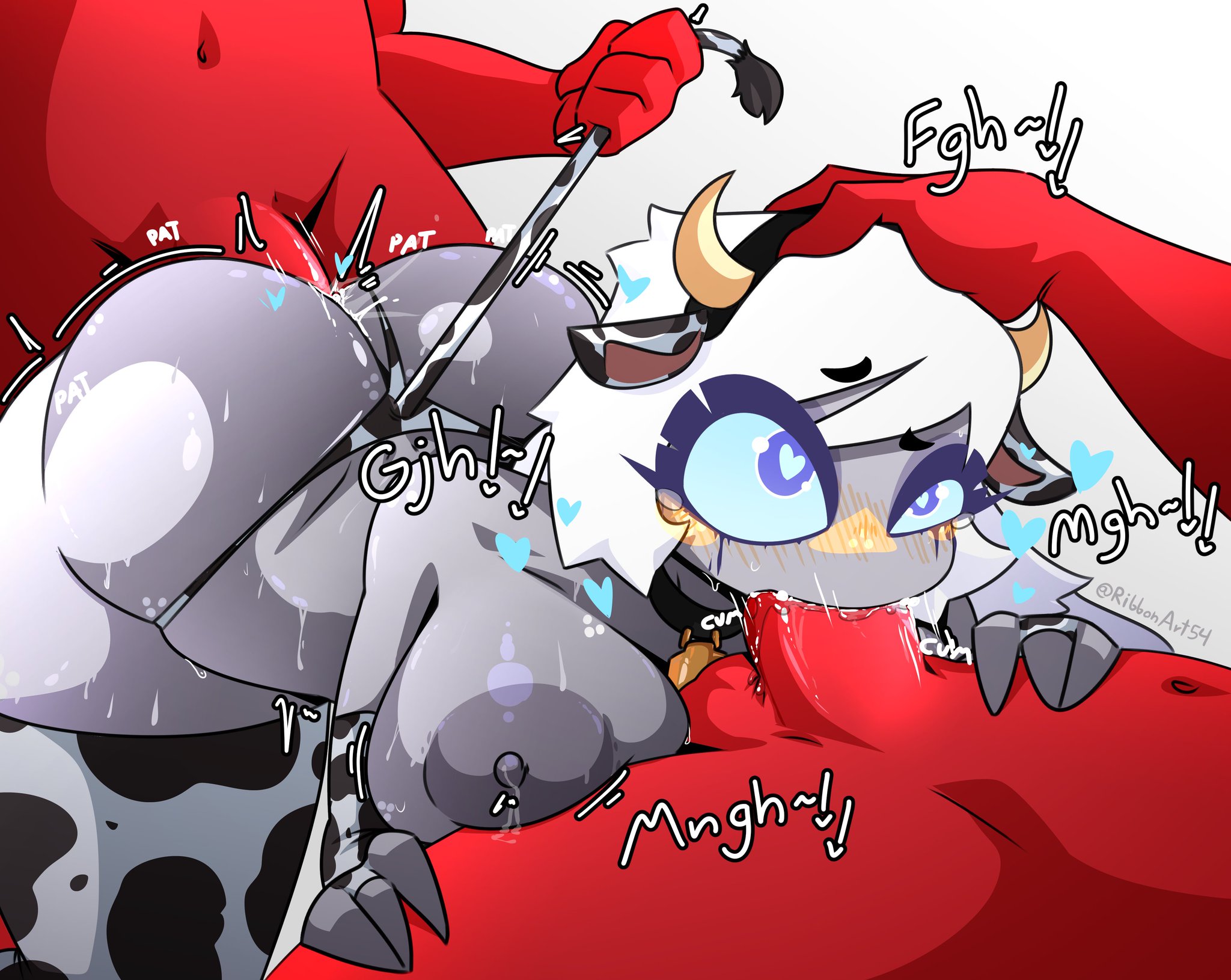 2boys1girl, cow print, dami ribbon, emily (hazbin hotel), hazbin hotel, male, penis, thighhighs