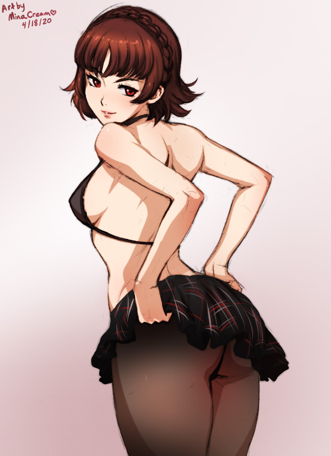 1girls, ass, blush, brown hair, female, leggings, looking at viewer, looking back, makoto niijima, minacream, persona, persona 5, pleated skirt, red eyes, short hair, skirt, skirt lift, teasing, white background
