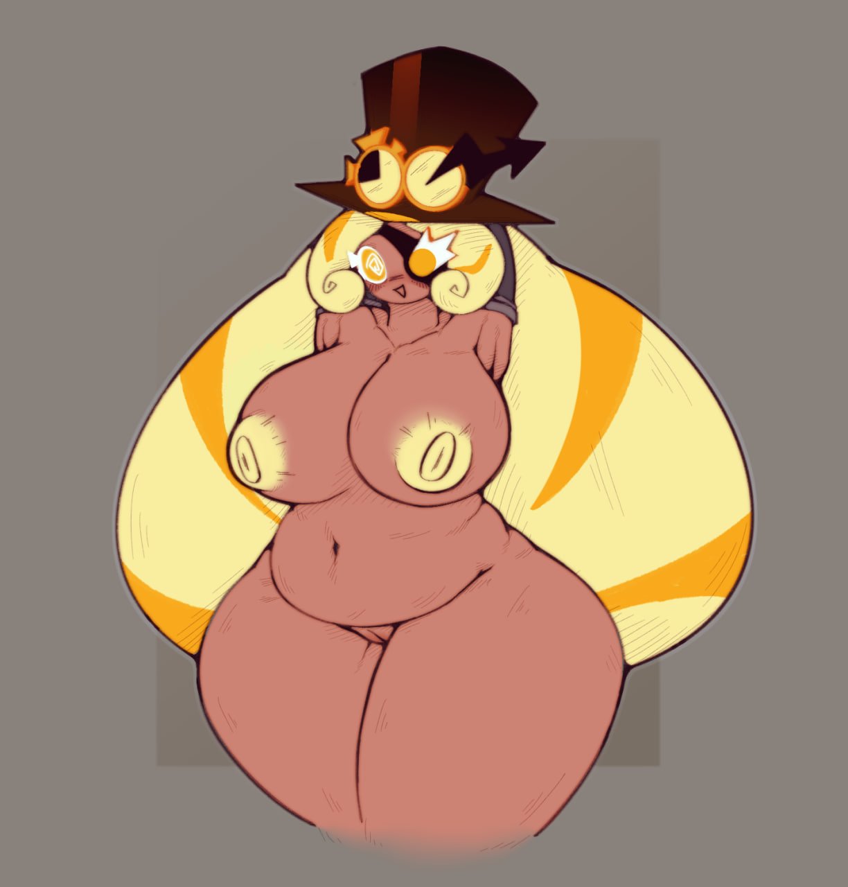 1girls, 2026, 2d, 2d (artwork), areola, areolae, belly, belly button, big breasts, blonde hair, blueruchka, blush, blushing, blushing at viewer, breasts, chubby, chubby female, cleft of venus, cookie run, cookie run kingdom, cookie run ovenbreak, eyepatch, female, gold eyes, grey background, hat, hips, long hair, looking at viewer, naked, naked female, navel, nipples, nude, nude female, open smile, pussy, pussy lips, pussy peek, simple background, smile, smiling, smiling at viewer, solo, spiral, spiral eyes, timekeeper cookie, top hat, vagina, very long hair, wide hips