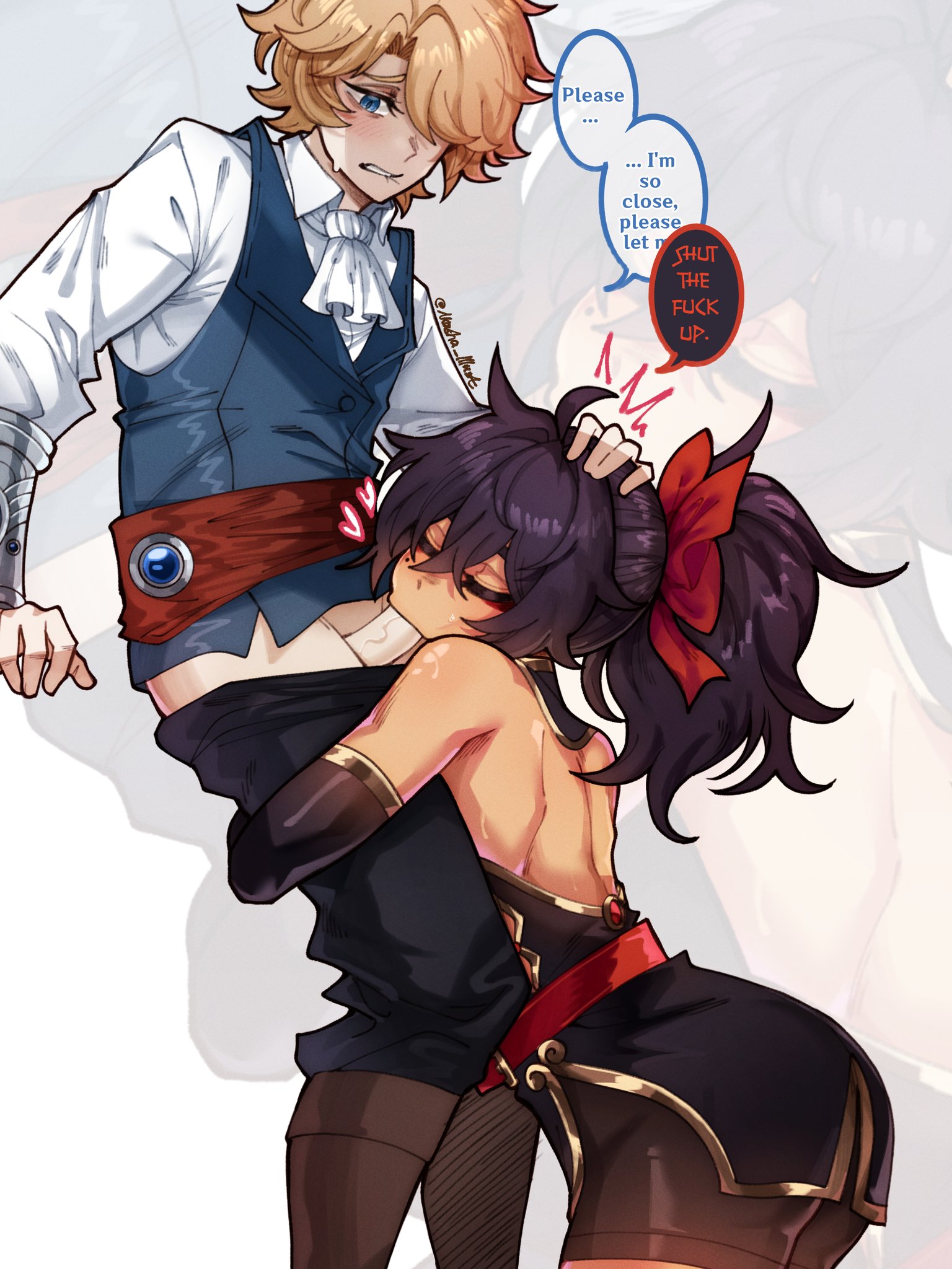 1boy, 1girls, akashicelegy, aluryva (character), black hair, black hair female, blonde hair, blonde hair male, blowjob, blowjob face, clothed sex, clothing, english dialogue, english text, femdom, holding head, hugging legs, interracial, light skin, light-skinned female, light-skinned male, malesub, original, song huoyan (akashicelegy), text