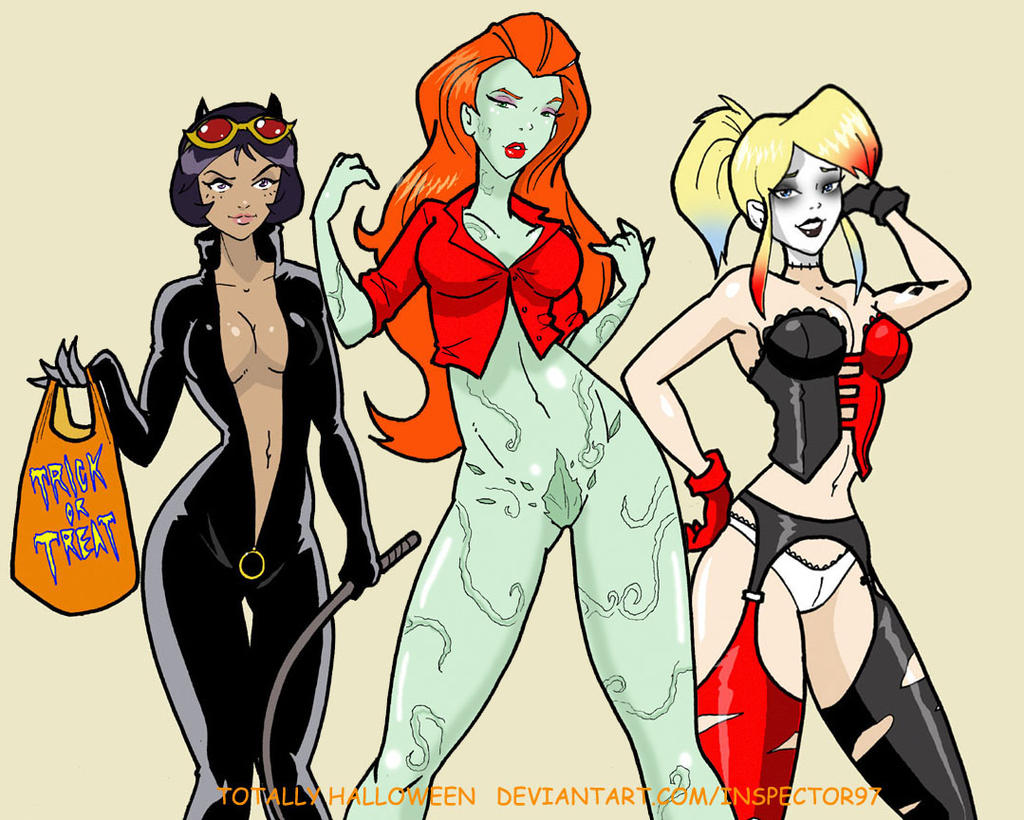 2d alex_(totally_spies) batman_(series) black_hair blonde_hair catsuit catwoman_(cosplay) clover_(totally_spies) clown_makeup cosplay dc exposed_breasts group harley_quinn harley_quinn_(cosplay) inspector97 multiple_girls poison_ivy_(cosplay) red_hair sam_(totally_spies) totally_spies