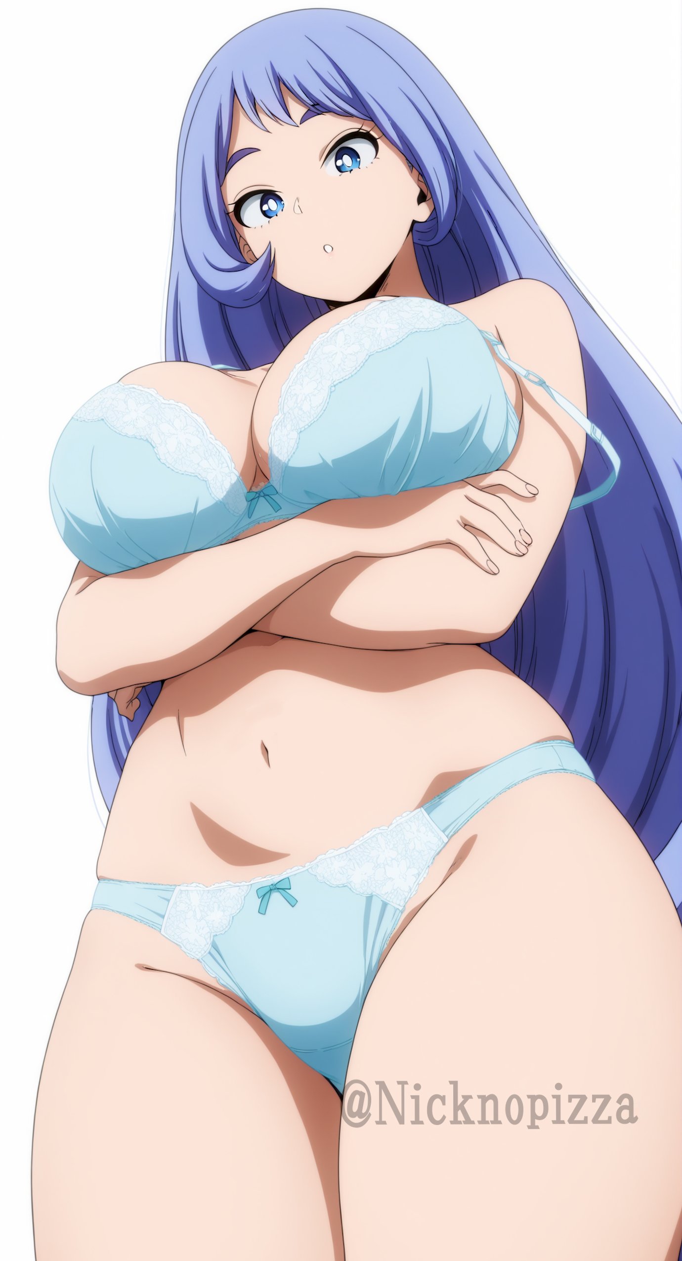 1girls, ai generated, bangs, blue bra, blue eyes, blue hair, blue panties, bra, breast hold, breasts, crossed arms, from below, large breasts, long hair, looking at viewer, my hero academia, navel, nejire hado, nicknopizza, panties, solo, swept bangs, underwear, underwear only, very long hair, white background