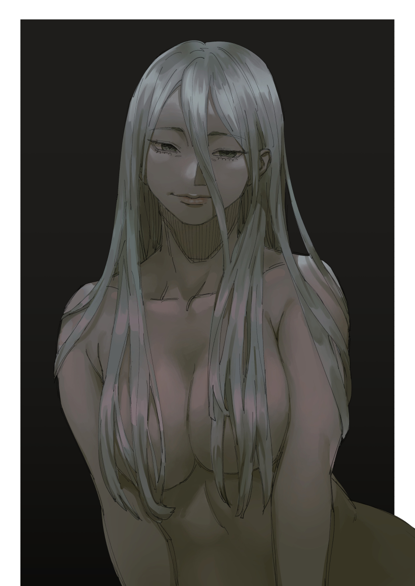 1girls, big breasts, breasts, covered nipples, female, female only, grey eyes, hair covering breasts, hair over breasts, jujutsu kaisen, long hair, looking at viewer, mei mei (jujutsu kaisen), nude, nude female, smirk, solo female, white hair