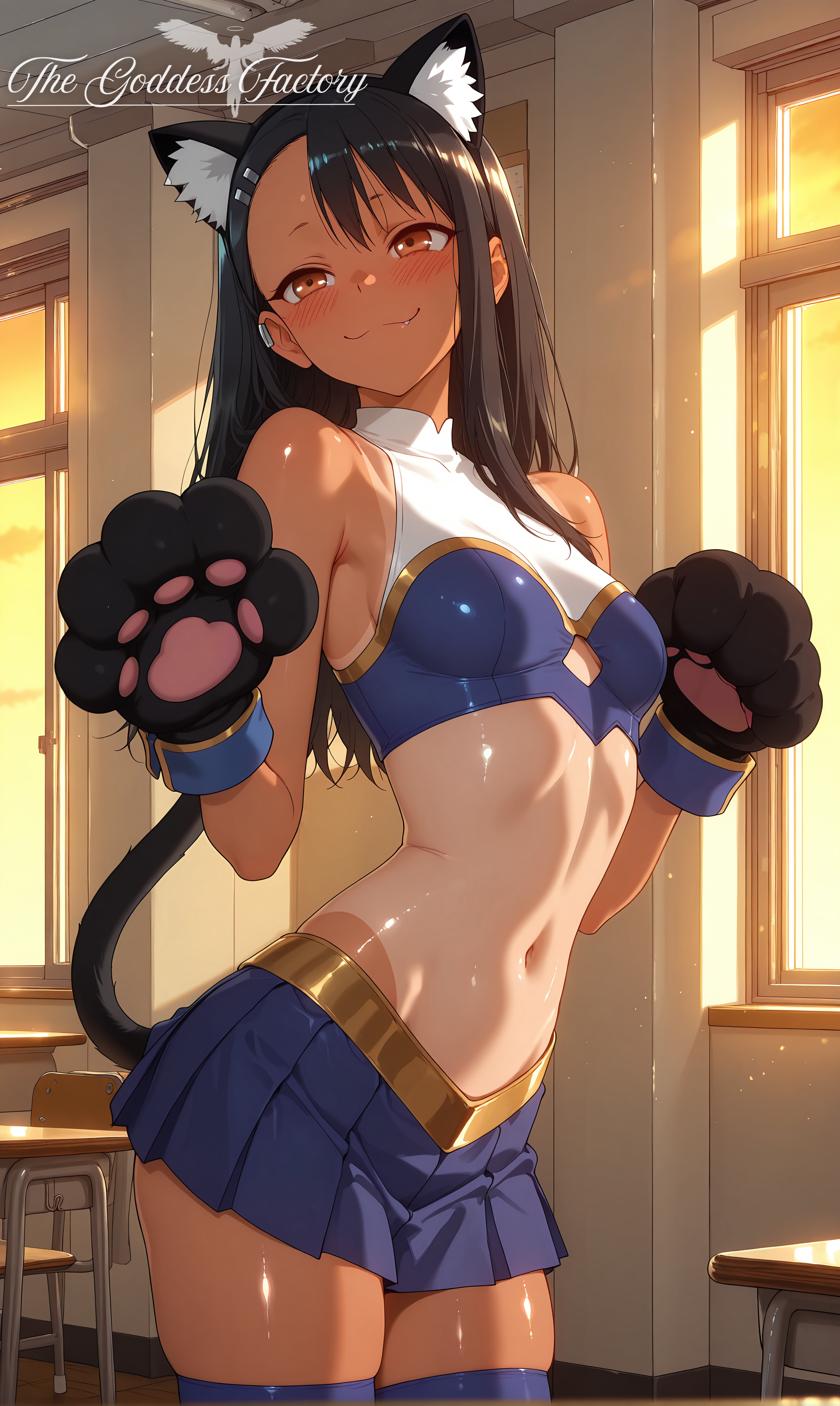 1female, 1girl, 1girls, ai generated, anime, anime character, anime girl, artist name, artist signature, beautiful, beautiful girl, beauty, blush, cheerleader, cheerleader uniform, classroom, cute, ecchi, erect nipples, female, flat belly, flat stomach, hayase nagatoro, hentai, hi res, high quality, high resolution, mature female, medium breasts, oiled, oiled skin, petite, petite body, petite breasts, petite female, please don't bully me, nagatoro, seductive, shiny skin, slim, slim female, slim waist, small breasts, stable diffusion, tan body, tanlines, uncensored, watermark, younger female