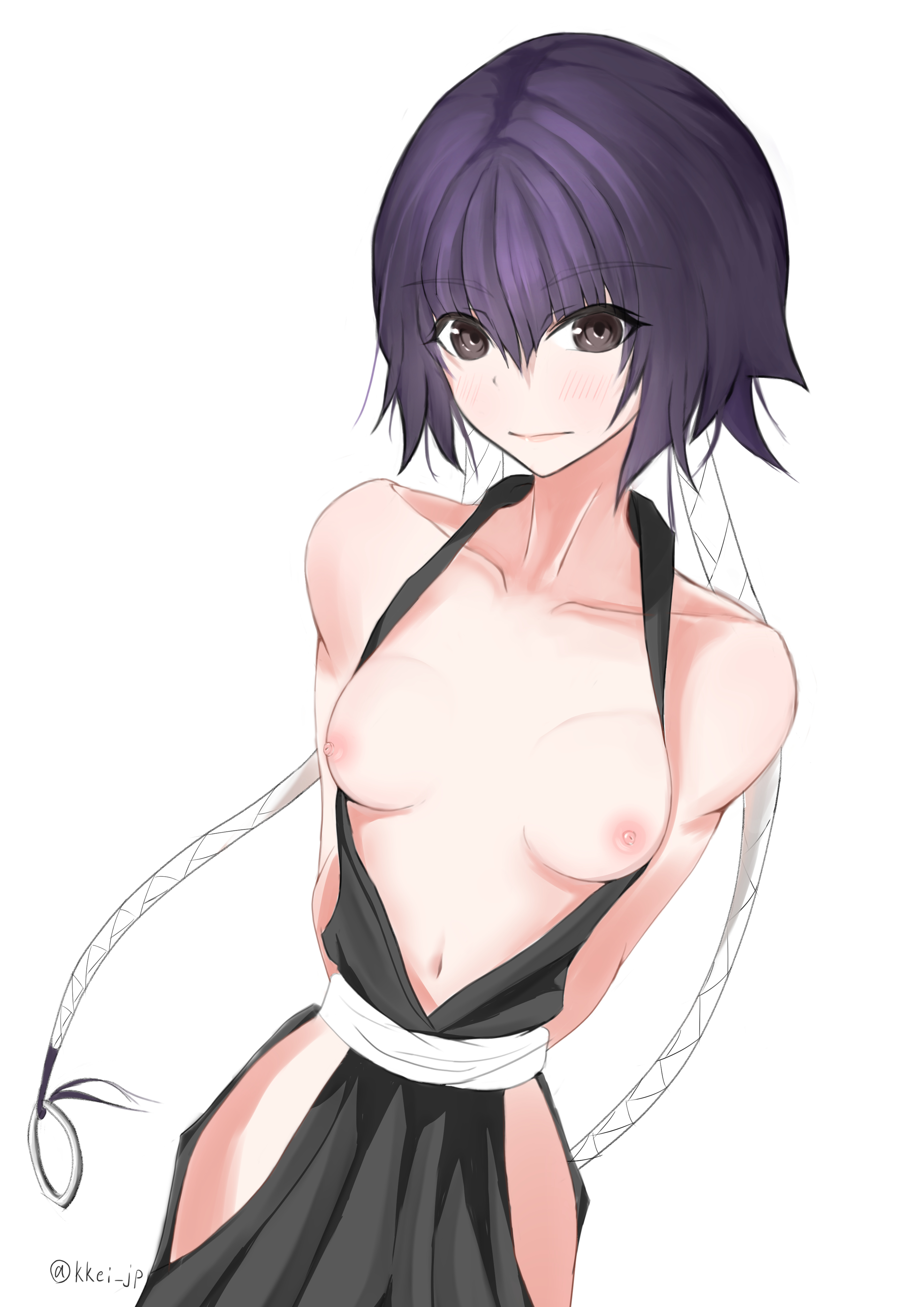 arms behind back, bleach, blunt bangs, breasts, breasts out, female, kimono, looking at viewer, no bra, no panties, open clothes, purple hair, short hair, short hair with long locks, sleeveless, smile, soifon, sui-feng