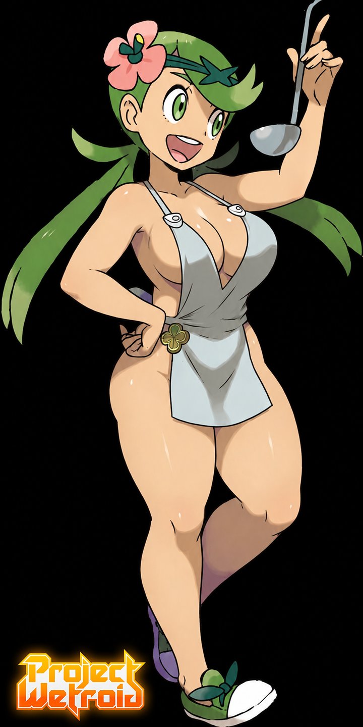 1girls, apron, apron only, artist logo, artist name, big breasts, edit, edited official artwork, female only, flower, flower in hair, green eyes, green hair, hair ornament, ladle, mallow (pokemon), mao (pokemon), official art, pokemon, pokemon sm, projectwetroid, tanned, thick thighs