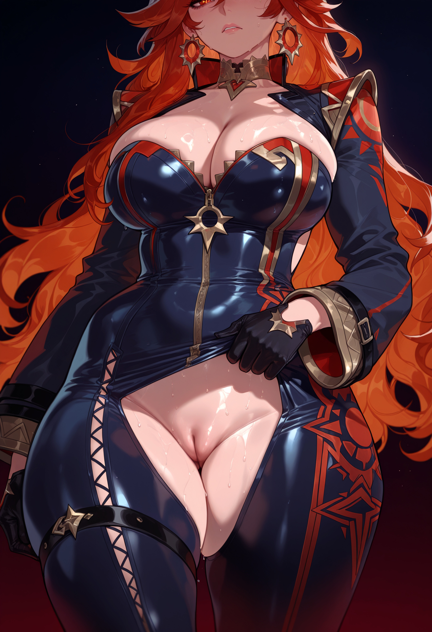 1girl, 1girls, ai generated, balecxi, black gloves, blush, bodysuit, breasts, cleavage, cleft of venus, clothes lift, clothing, clothing cutout, crotchless, curvaceous, curvaceous female, curvaceous figure, curvy, curvy figure, dress, earrings, female, female focus, genshin impact, gloves, hair between eyes, hoop earrings, hoyoverse, inviting, inviting to sex, jacket, jewelry, large breasts, long hair, long sleeves, looking at viewer, mavuika (genshin impact), mihoyo, neck ring, no panties, orange hair, parted lips, presenting, presenting ass, presenting breasts, presenting hindquarters, presenting pussy, presenting self, pussy, red eyes, red hair, seductive, seductive look, seductive smile, shiny clothes, shiny skin, skin tight, skindentation, solo, sweat, thick thighs, thigh strap, thighs, uncensored, vagina, voluptuous, voluptuous female