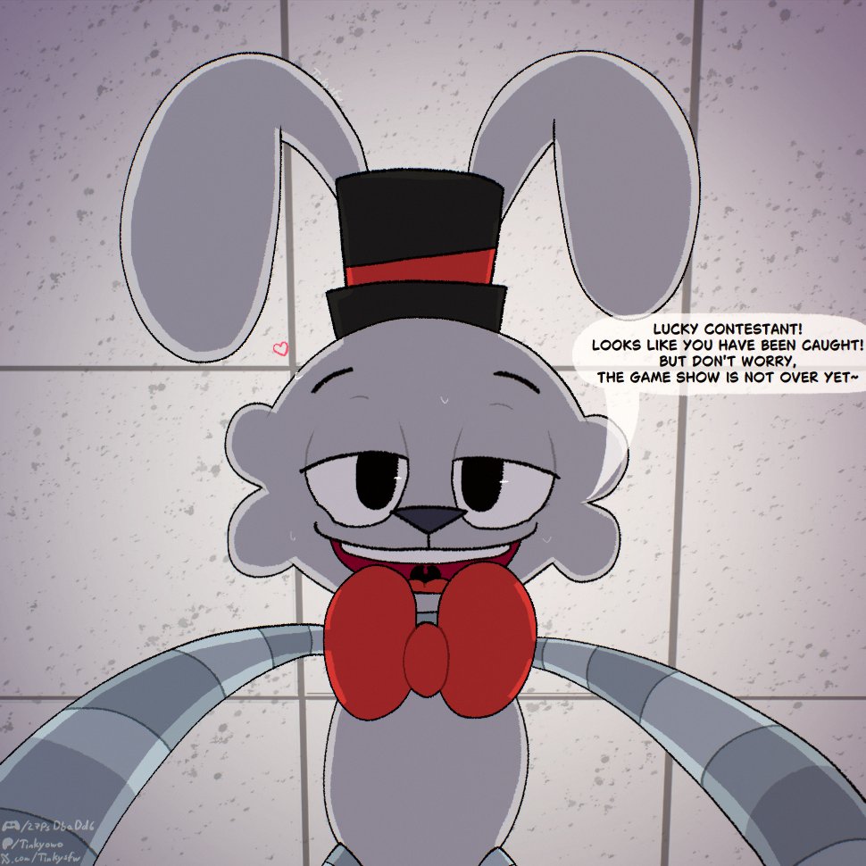 1boy anthro anthro_on_human anthro_only black_pupils ceiling contestant_(finding_frankie) eyebrows_raised finding_frankie frankie_(finding_frankie) long_limbs looking_at_partner looking_at_viewer looking_down looking_down_at_partner looking_down_at_viewer male male_only mascot_horror on_top on_top_of_viewer open_mouth rabbit rabbit_ears red_bowtie smirking_at_viewer sweat sweatdrop sweating sweaty text text_box text_bubble tinky tophat white_body white_fur