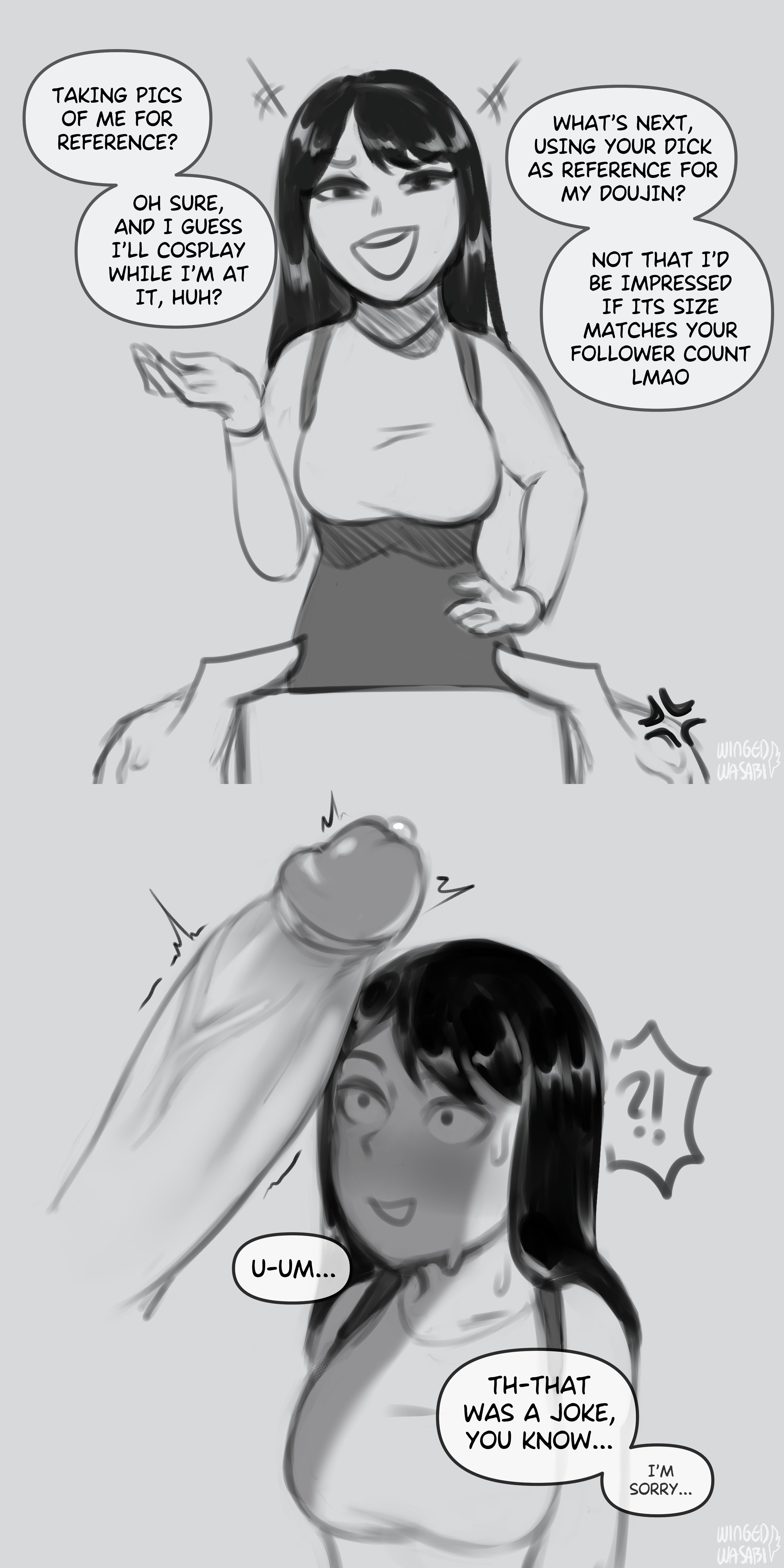 1girls, big penis, black and white, cock shock, dialogue, english text, evelyn (wingedwasabi), female, foreskin, light skin, light-skinned male, male, original, penis, penis awe, penis out, photograph, precum, speech bubble, taking picture, text, uncircumcised, uncut, wingedwasabi