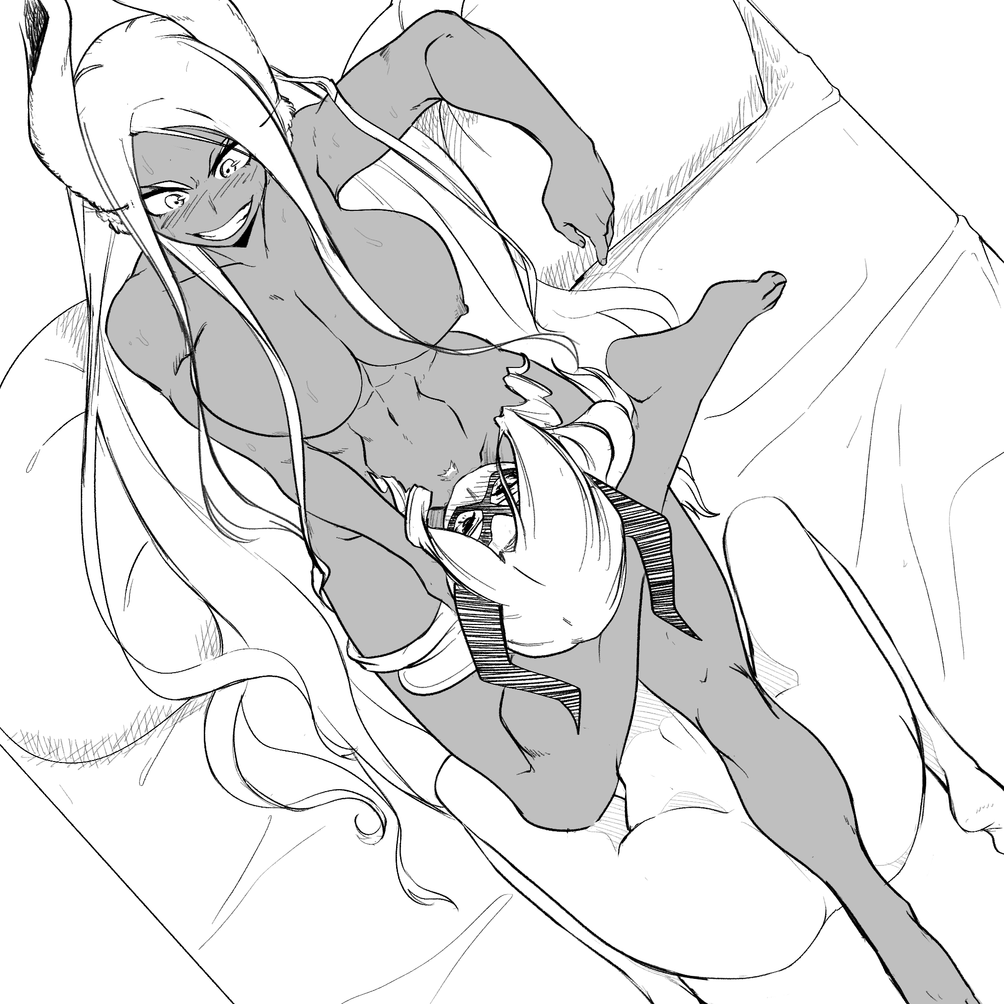 2girls, ass, black and white, blush, breasts, cunnilingus, devouring pussy, dominant female, eye contact, female, female focus, female only, hand on head, human, human only, large breasts, leg lock, lesbian, lezdom, licking, licking pussy, miruko, monochrome, mount lady, multiple females, multiple girls, muscular, my hero academia, nightlykrumbs, oral, oral sex, pubic hair, pussy, rumi usagiyama, yuri, yuu takeyama