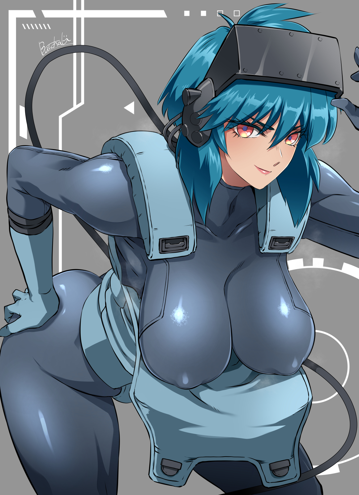 1girls, armor, artist signature, ass, blue hair, bodysuit, butcha-u, cowboy shot, cyborg, erect nipples, erection under clothes, ghost in the shell, hand on hip, kusanagi motoko, large breasts, looking at viewer, red eyes, science saru, short hair, smile, the ghost in the shell, thick thighs, tight clothing, visor