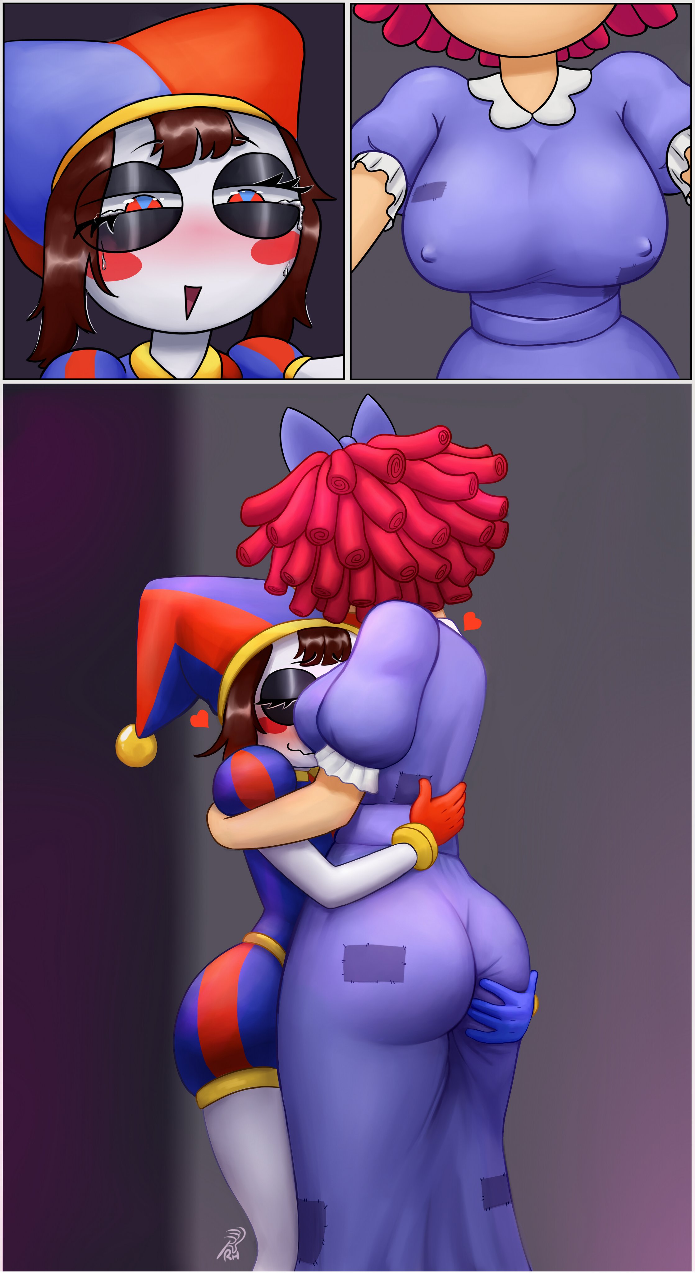 2026, 2girls, ass, ass grab, big ass, bow, breasts, breasts in face, brown hair, brown-haired female, doll girl, glitch productions, gooseworx, hand on another's ass, hand on ass, hugging, jester, jester girl, jester hat, jesterdoll, nipples visible through clothing, pomni, pomni (tadc), pomni (the amazing digital circus), ragatha, ragatha (tadc), ragatha (the amazing digital circus), ragdoll, red hair, red-haired female, resistanthoney, tagme, tears in eyes, the amazing digital circus, tight dress, yuri