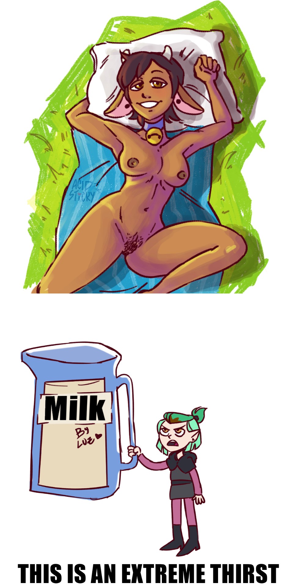 2girls, acidsticky, amity blight, bedroll, brown hair, clothing, cow ears, dark skin, dark-skinned female, disney, disney channel, dominican, female, female only, funny, green hair, hexside uniform, hispanic, human, humanoid, latina, laying on back, luz noceda, meme, milk, multiple females, multiple girls, naked, neckwear, nipples, outdoors, pale skin, school uniform, straight hair, the owl house, thirsty, uniform, witch, year of the ox