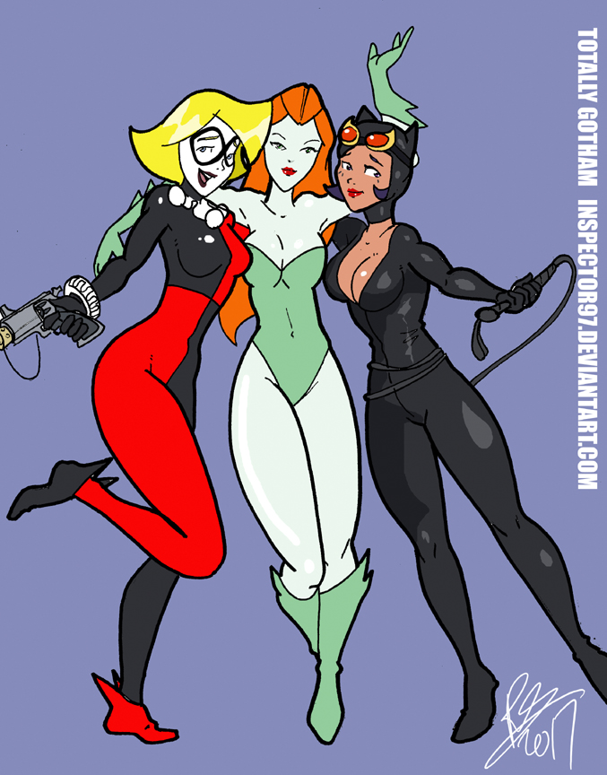 3girls alex_(totally_spies) batman_(series) black_hair blonde_hair blue_eyes catsuit catwoman_(cosplay) clothing clover_(totally_spies) clown_makeup cosplay dark_skin dc eyewear firearm footwear green_eyes handgun handwear harley_quinn_(cosplay) hazel_eyes human inspector97 orange_hair pale_skin poison_ivy_(cosplay) pop_gun red_hair red_lipstick redhead revolver sam_(totally_spies) totally_spies trio weapon yellow_eyes