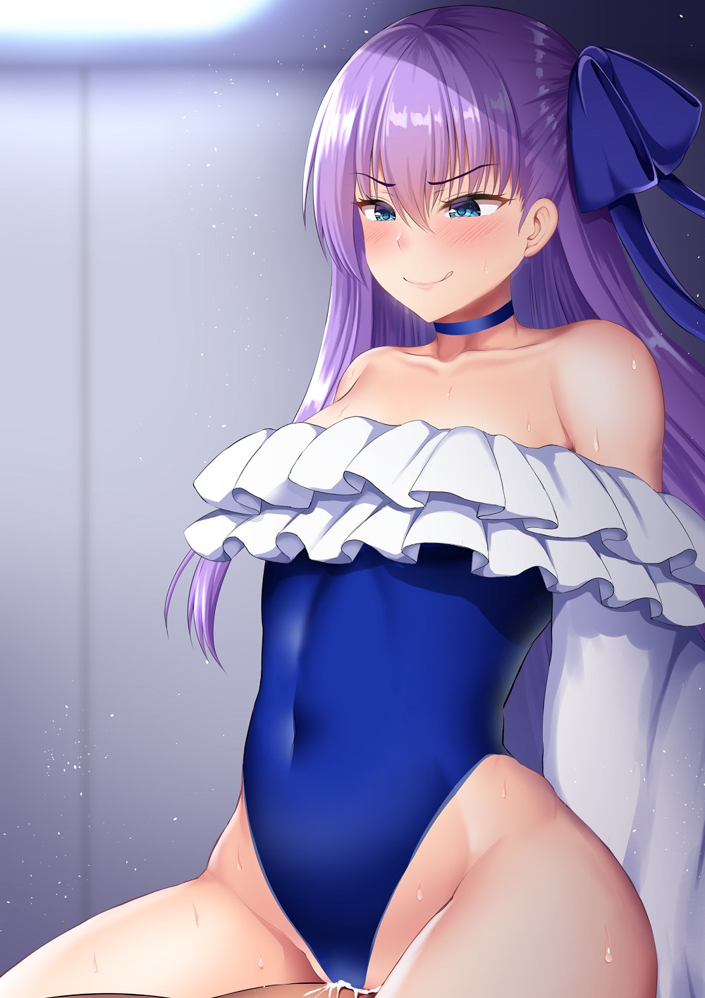 >:q 1boy :q assertive_female bangs bare_shoulders blue_choker blue_eyes blue_swimsuit blush breasts choker collarbone covered_navel cowgirl_position cowgirl_position cum cum_in_pussy eyebrows_visible_through_hair faceless faceless_male fate/grand_order fate_(series) female frilled_swimsuit frills groin hair_between_eyes hair_ribbon half_updo highres hip_bones implied_sex kisaragi_nana licking_lips long_hair meltryllis meltryllis_(swimsuit_lancer)_(fate) narrow_waist off-shoulder_swimsuit off_shoulder one-piece_swimsuit parted_hair purple_hair ribbon sleeves_past_wrists small_breasts straddling straight sweat swimsuit tongue tongue_out v-shaped_eyebrows very_long_hair