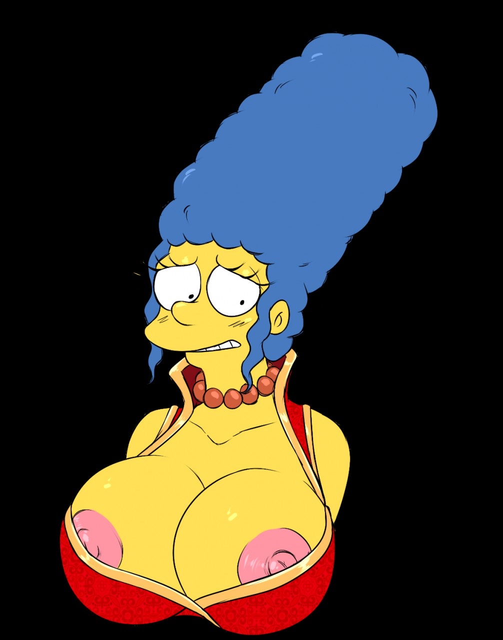 1girls alternate_breast_size areola_slip areolae big_breasts blue_hair breasts busty cleavage female female_only hyperiontrash large_breasts long_hair marge_simpson milf pearl_necklace solo the_simpsons worried_expression worried_look yellow_skin