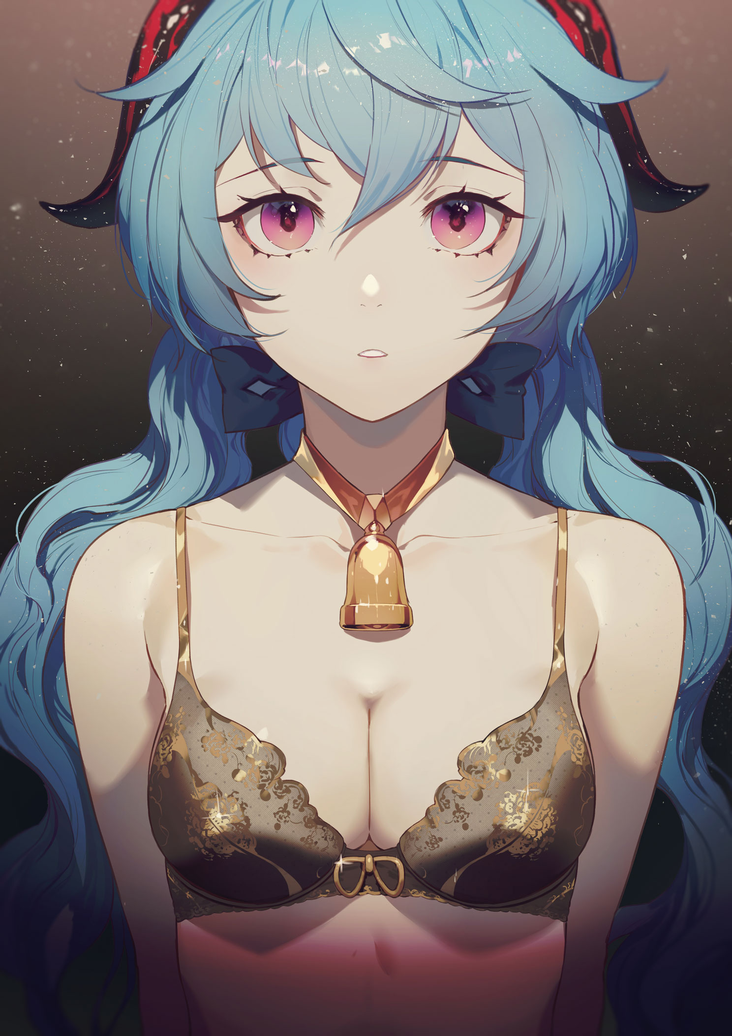 1girls, bangs, bare shoulders, bell, black bra, blue hair, bow, bra, breasts, choker, cleavage, collarbone, cowbell, eyelashes, female, female focus, female only, front view, ganyu (genshin impact), genshin impact, gradient background, hair, hair between eyes, hair ribbon, horn, lace, lace-trimmed bra, legs, lingerie, long hair, looking at viewer, low twintails, medium breasts, parted lips, pink eyes, portrait, salmon88, solo, twintails, underwear, upper body, wavy hair, white skin