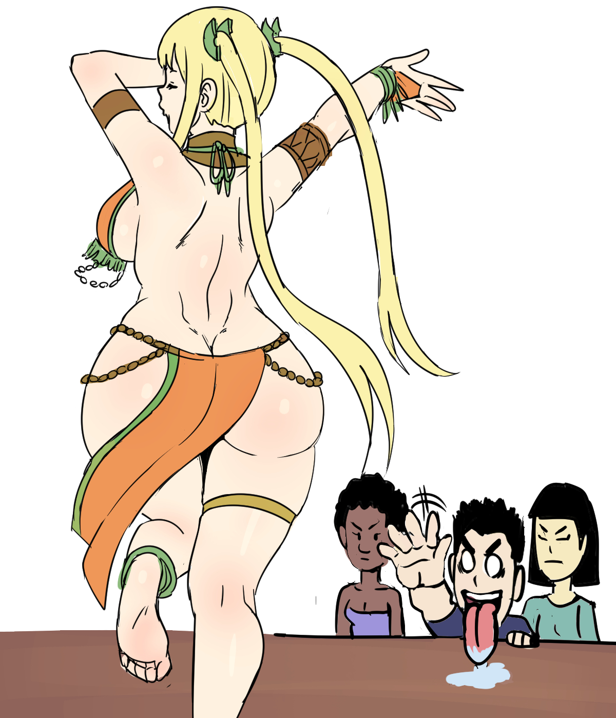 1boy, 1girls, 3girls, ass, being watched, blonde-haired female, breasts, fairy tail, female, female focus, huge ass, huge breasts, light skin, light-skinned female, light-skinned male, lucy heartfilia, male, median furrow, pinkpawg, shounen jump, thick thighs, tongue, tongue out, wide hips