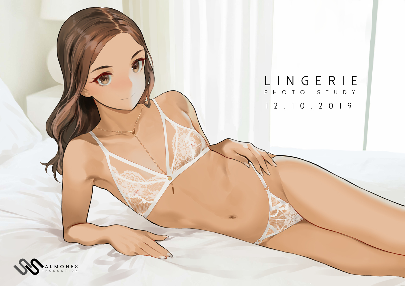 1girls, areola slip, areolae, arm support, armpits, bare arms, bare legs, bare shoulders, bed, bed sheet, bra, breasts, brown eyes, brown hair, chains, collarbone, dated, eyelashes, eyeliner, female, female only, front view, gold, hand on hip, hips, indoors, jewelry, lace, lace-trimmed bra, lace-trimmed panties, laying down, laying on bed, laying on side, legs together, lingerie, long fingernails, long hair, looking at viewer, lying, midriff, nail polish, nails, navel, necklace, on side, original, panties, posing, salmon88, see-through, skinny, slim, small breasts, solo, solo focus, stomach, thighs, underwear, wavy hair, white bra, white panties
