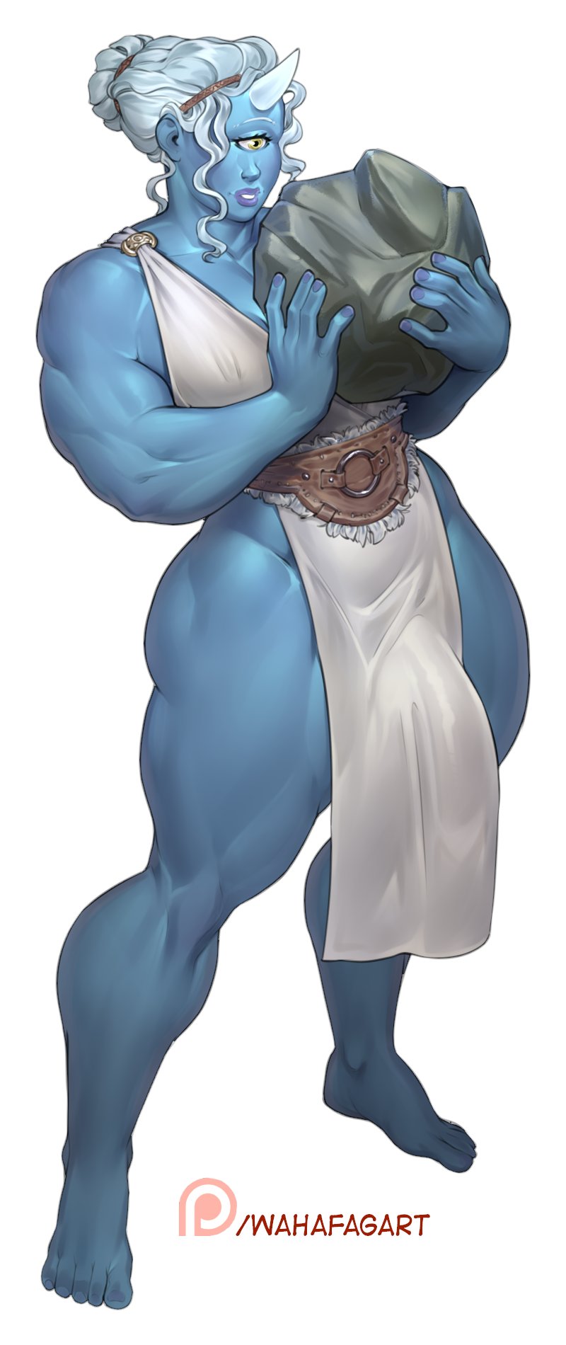 1 eye, 1 horn, 1futa, abs, artist name, blue skin, bottomless skirt, breasts, bulge, cameltail, cleavage, curvy, cyclops, dark skin, dark-skinned futa, diadem, erect nipples, front view, full body, futa only, futanari, greek mythology, green eyes, hairband, holding object, horn, huge penis, intersex, large breasts, loincloth, muscles, muscular, muscular futa, nipple bulge, nipples, patreon username, pelvic curtain, penis, penis bulge, penis under clothes, penis under loincloth, penis under skirt, plain background, rock, silver hair, skirt, skirt lift, solo, stone, updo, wahafagart, white background, white clothing, white hair