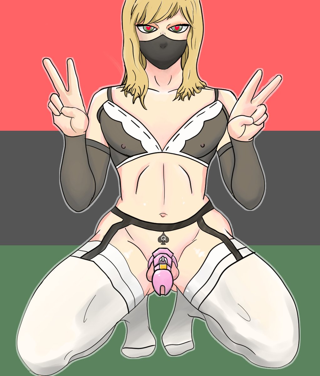 1boy blonde_hair chastity chastity_cage crossdressing femboy male male_only pan-african_flag queen_of_spades sissy sissybus small_penis solo spade tattoo trap v