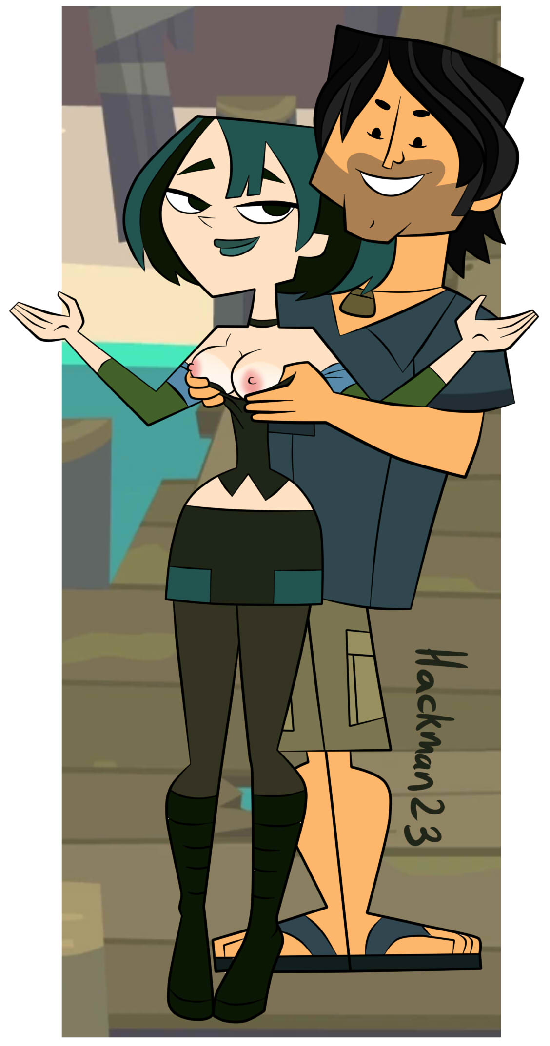 1boy 1girls black_hair blue_hair blue_lipstick boots choker chris_mclean groping_from_behind gwen_(tdi) hackman leggings no_bra sandals skirt straight stubble total_drama_island