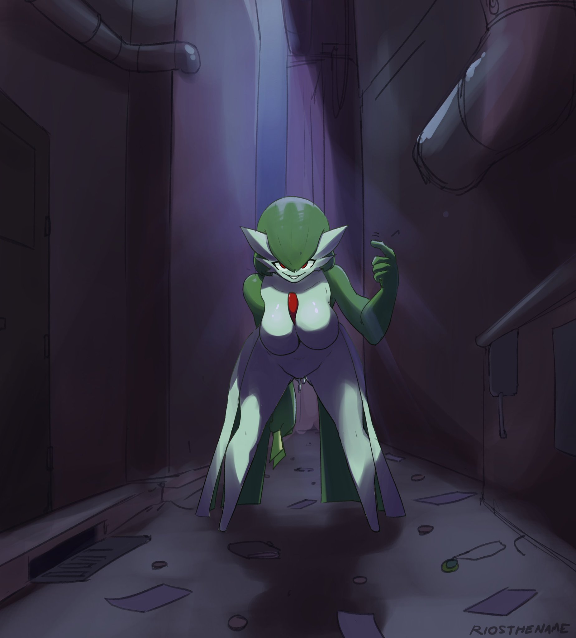 1girls, alleyway, anthro, beckoning, big breasts, bodily fluids, breasts, female, gardevoir, genital fluids, light skin, light-skinned female, looking at viewer, nintendo, no nipples, pale skin, pale-skinned female, pokémon (species), pokemon, pokemon (species), riosthename, seductive, seductive look, solo