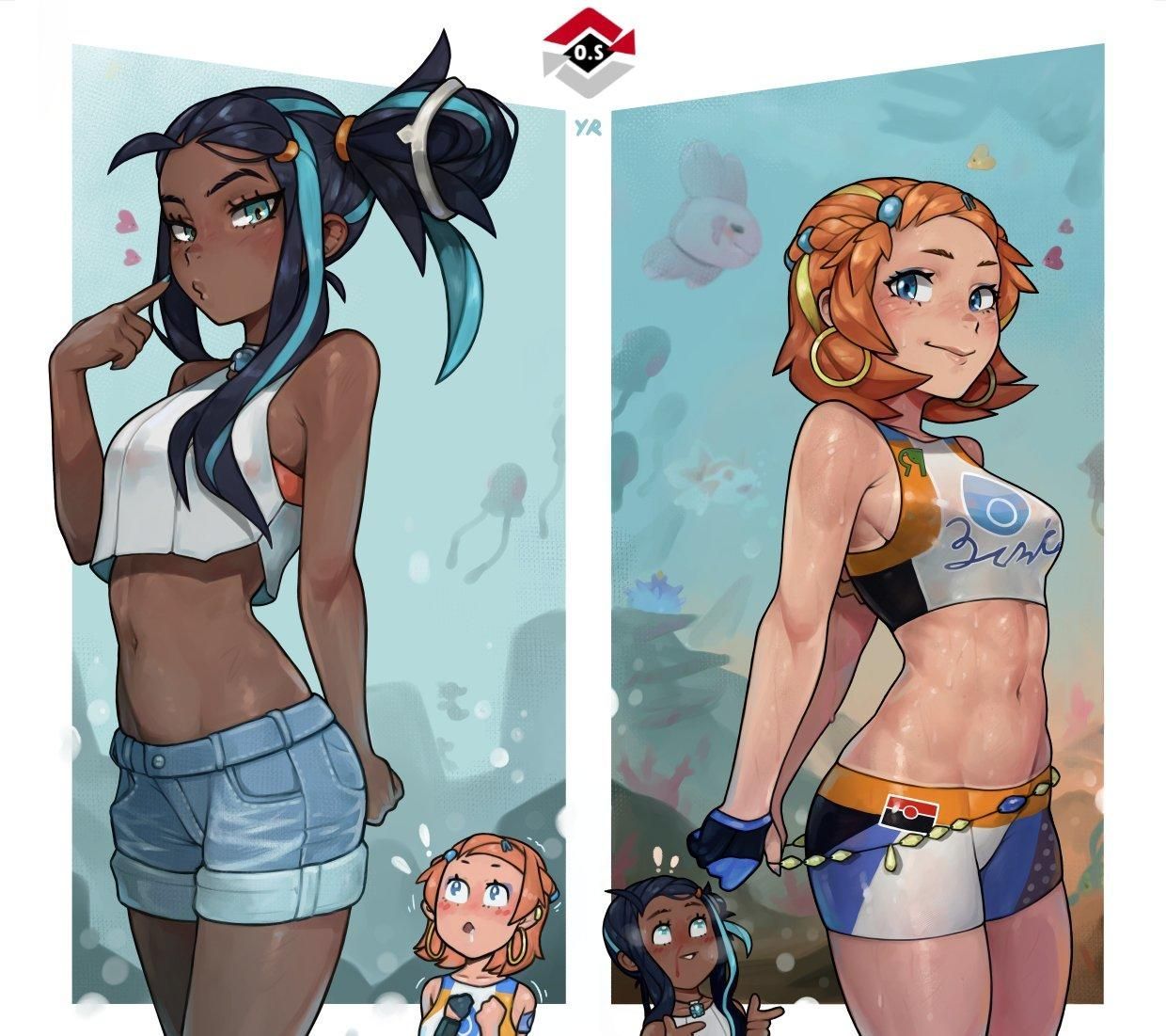 2girls abs alternate_hairstyle alternate_outfit armpits bare_shoulders being_watched belly blue_background blue_eyes blue_hair blush breasts chocolate_and_vanilla cleavage clothed clothed_female costume_switch crop_top dark-skinned_female earrings eye_contact eyelashes female female_focus female_only fully_clothed half-closed_eyes hourglass_figure human human_only long_hair looking_at_viewer midriff multiple_girls navel nessa_(pokemon) nessa_(pokemon)_(cosplay) nintendo nosebleed orange_hair patreon pokemon pokemon_lgpe pokemon_rgby pokemon_ss ponytail saliva shirt short_hair shorts small_breasts solo_focus standing tomboy trembling url video_games watermark white_border wide_hips yellowroom yuri