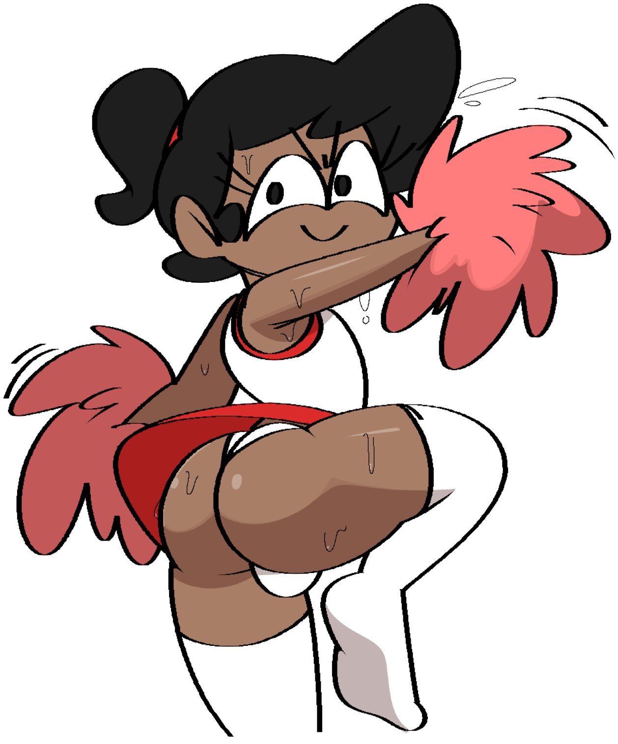1boy, androgynous, artist self-insert, balls, balls in panties, bulge, cheerleader, cheerleader uniform, dark skin, dark-skinned femboy, dark-skinned male, femboy, gay, looking at viewer, male, male only, movement lines, simple background, sweat, sweatdrop, tagme, vilepluff, white background