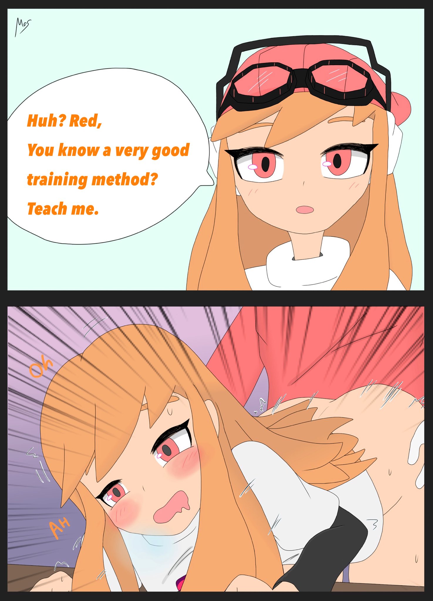 1boy, 1girls, 2koma, ass, bent over, blush, comic, dialogue, doggy style, english dialogue, english text, faceless male, female, female focus, human, human meggy, instant loss 2koma, male, mario, mario (series), meggy spletzer, moaning, mosbutter2, nintendo, partial male, red eyes, sex, sex from behind, smg4, smg4 art, straight, sweat, text, video games