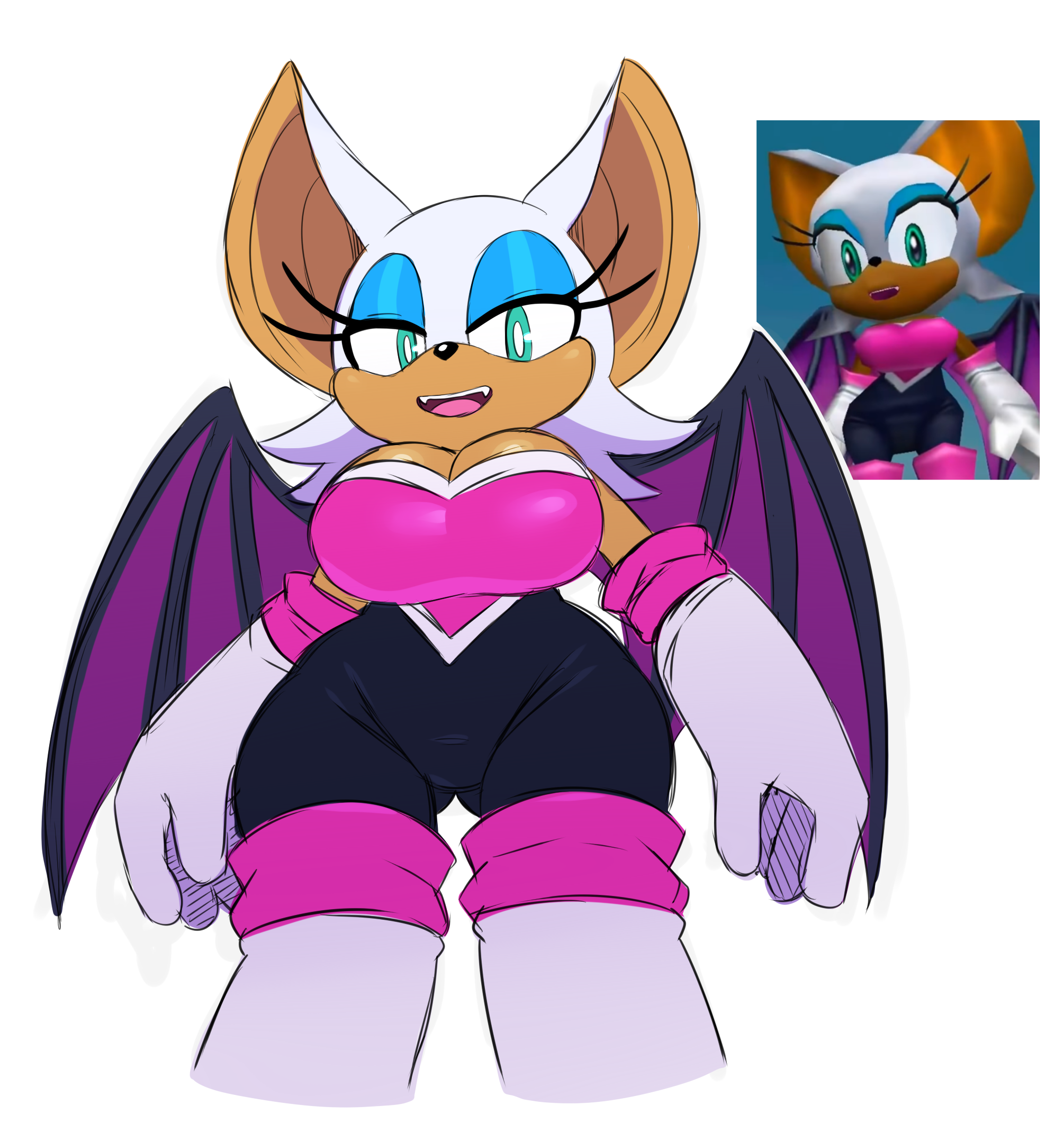 2018, 2d, anthro, armwear, bat, bat wings, big breasts, black nose, boots, breasts, busty, chiropteran, cleavage, clothed, clothing, curvy figure, elbow gloves, eyelashes, eyeshadow, fangs, female, footwear, fully clothed, fur, furry, gloves, green eyes, half-closed eyes, handwear, hi res, legwear, looking at viewer, low-angle view, makeup, mammal, membrane (anatomy), membranous wings, mobian, mobian (species), mobian bat, narrowed eyes, open mouth, open smile, rouge the bat, sega, sharp teeth, shortstack, simple background, smile, solo, sonic (series), sonic adventure 2, sonic the hedgehog (series), spread legs, spreading, sssonic2, teeth, thigh boots, thigh highs, tongue, voluptuous, white background, white body, white fur, wide hips, wings