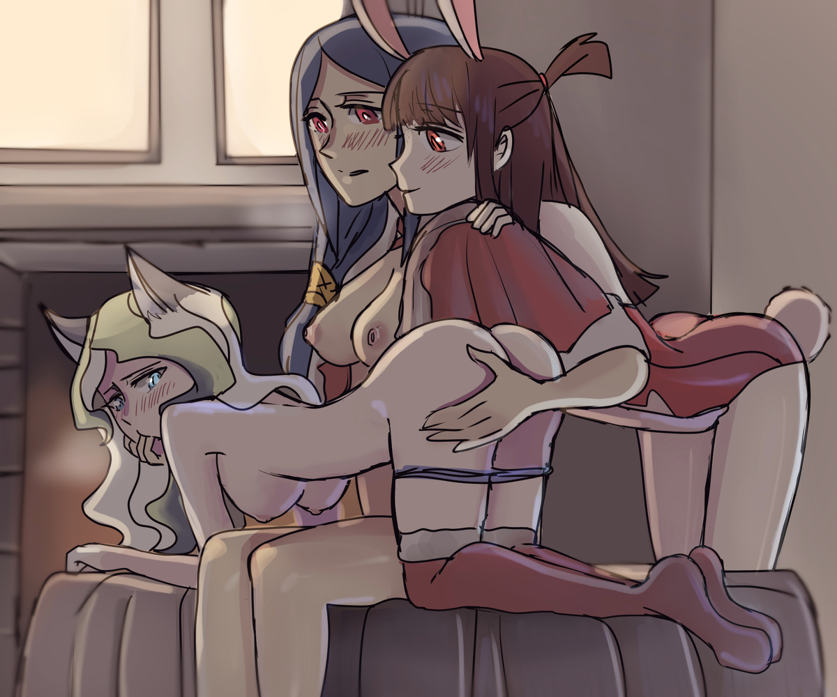 3girls, animal ears, arched back, atsuko kagari, blonde hair, blue eyes, blue hair, blush, breasts, brown hair, bunny ears, bunny girl, bunny tail, cat ears, cat girl, catgirl, diana cavendish, female, female only, femdom, hanging breasts, little witch academia, long hair, looking back, mac a, medium breasts, multiple females, multiple girls, on all fours, panties, panties down, red eyes, thighhighs, threesome, ursula callistis, yuri