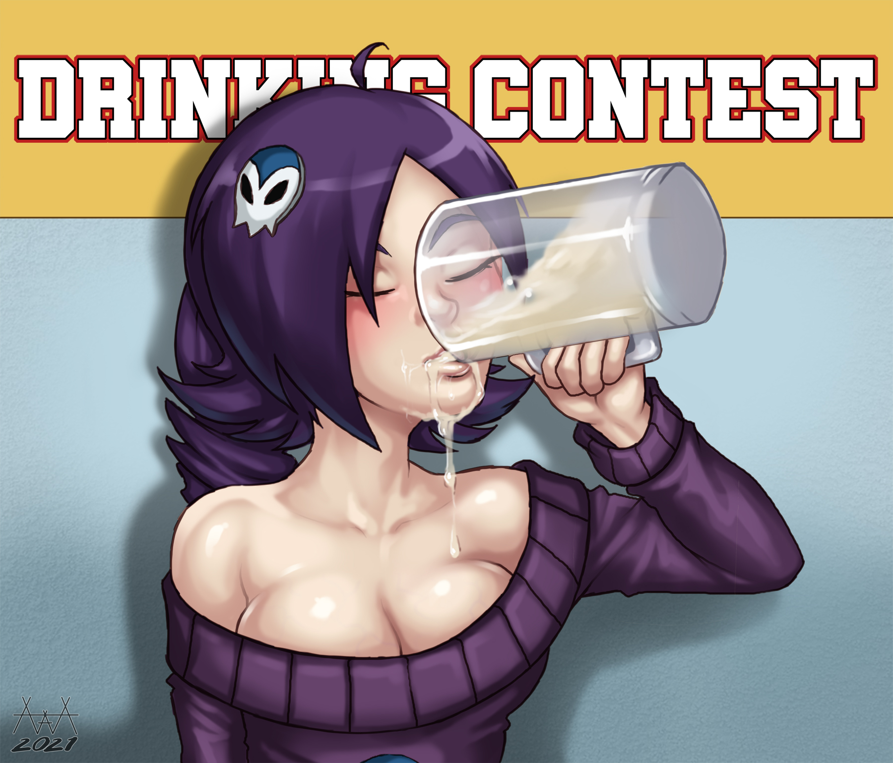 1girls, 2021, aaaninja, bare shoulders, big breasts, breasts, cleavage, closed eyes, cum, cum drinking, cum in container, cum in mouth, drinking, drinking cum, female, glass, hair ornament, light skin, light-skinned female, mug, original, purple hair, shoulderless shirt, solo, solo female, swallowing, swallowing cum, sweater, zone-tan