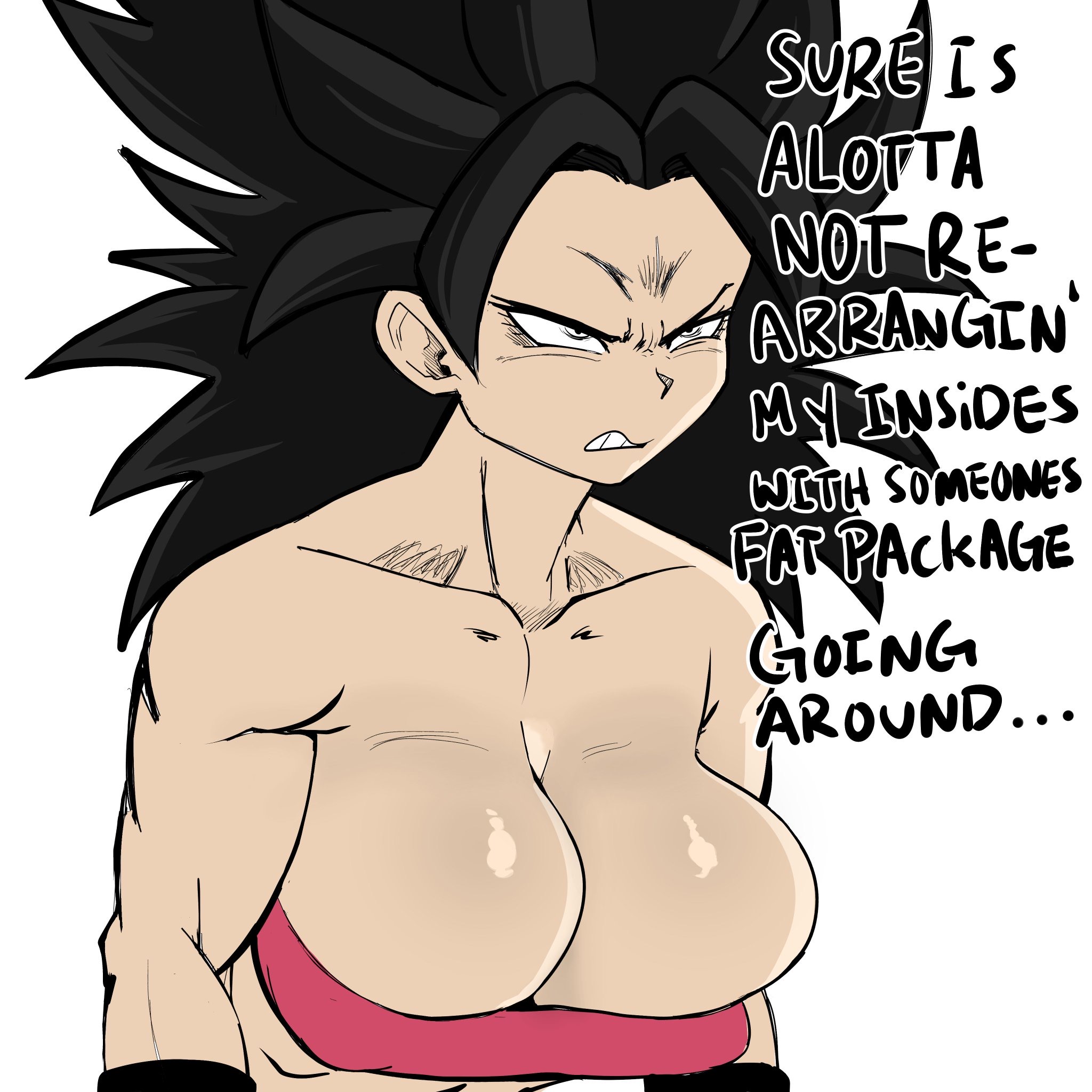1girls, 2d, 2d (artwork), alternate breast size, big breasts, black eyes, black hair, breasts, breasts bigger than head, caulifla, color, dragon ball, dragon ball super, female, huge breasts, large breasts, light skin, light-skinned female, long hair, plain background, pseudocel, safe, saiyan, shounen jump, spiky hair, text, tomboy, tube top, tubetop, white background