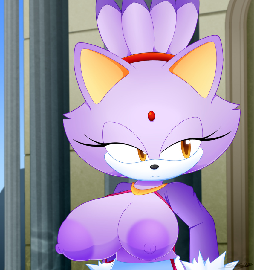 areola, big breasts, blaze the cat, breasts, clothed, clothing, feline, female, fur, hair, huge breasts, mammal, nipples, purple fur, sega, slickehedge, solo, sonic (series), sonic the hedgehog (series), video games