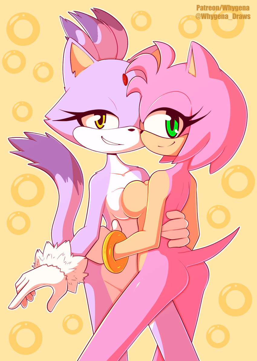2girls, 5 fingers, age difference, ahoge, amy rose, anthro, artist name, ass, blaze the cat, bracelet, breast squish, breasts, breasts frottage, brown fur, dipstick tail, duo, eyelashes, feline, female, female focus, female only, female/female, forehead jewel, furry, gloves, green eyes, hand behind back, hand on hip, hedgehog, jewelry, looking at viewer, looking back, mammal, medium breasts, mobian (species), mostly nude, multicolored tail, multiple females, multiple girls, naked, nude, nude female, patreon, pink body, pink fur, pink hair, pinup, pose, purple fur, purple hair, sega, sideboob, simple background, small ass, smile, sonic (series), sonic the hedgehog (series), tail, two-tone body, two-tone fur, video games, watermark, white fur, whygena, yellow background, yellow eyes, yuri
