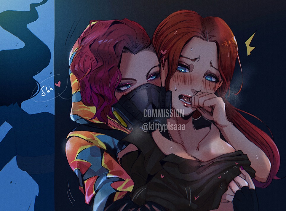 2d, 3girls, blush, dbd, dead by daylight, female, fondling, ginger, kittyplsaaa, light skin, light-skinned female, mask, masked female, meg thomas, nea karlsson, red hair, spoken heart, the spirit (dead by daylight)