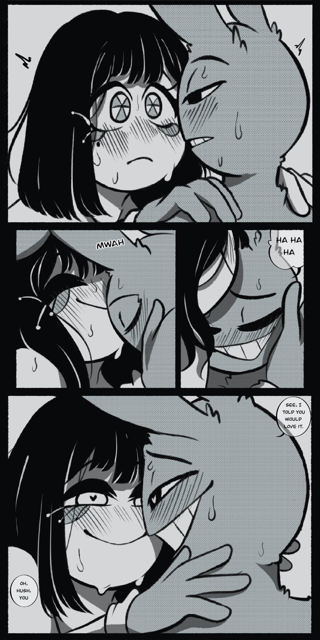 1boy, 1boy1girl, 1girls, after orgasm, after sex, after vaginal, anthro male, anthro on human, blush, couple, couple (romantic), female, hail uw, heart, heart-shaped pupils, jax (the amazing digital circus), kissing, long hair, love, male/female, pomni (the amazing digital circus), romantic, romantic couple, smiling, smiling at partner, straight, sweat, sweatdrop, tadc, the amazing digital circus, wholesome
