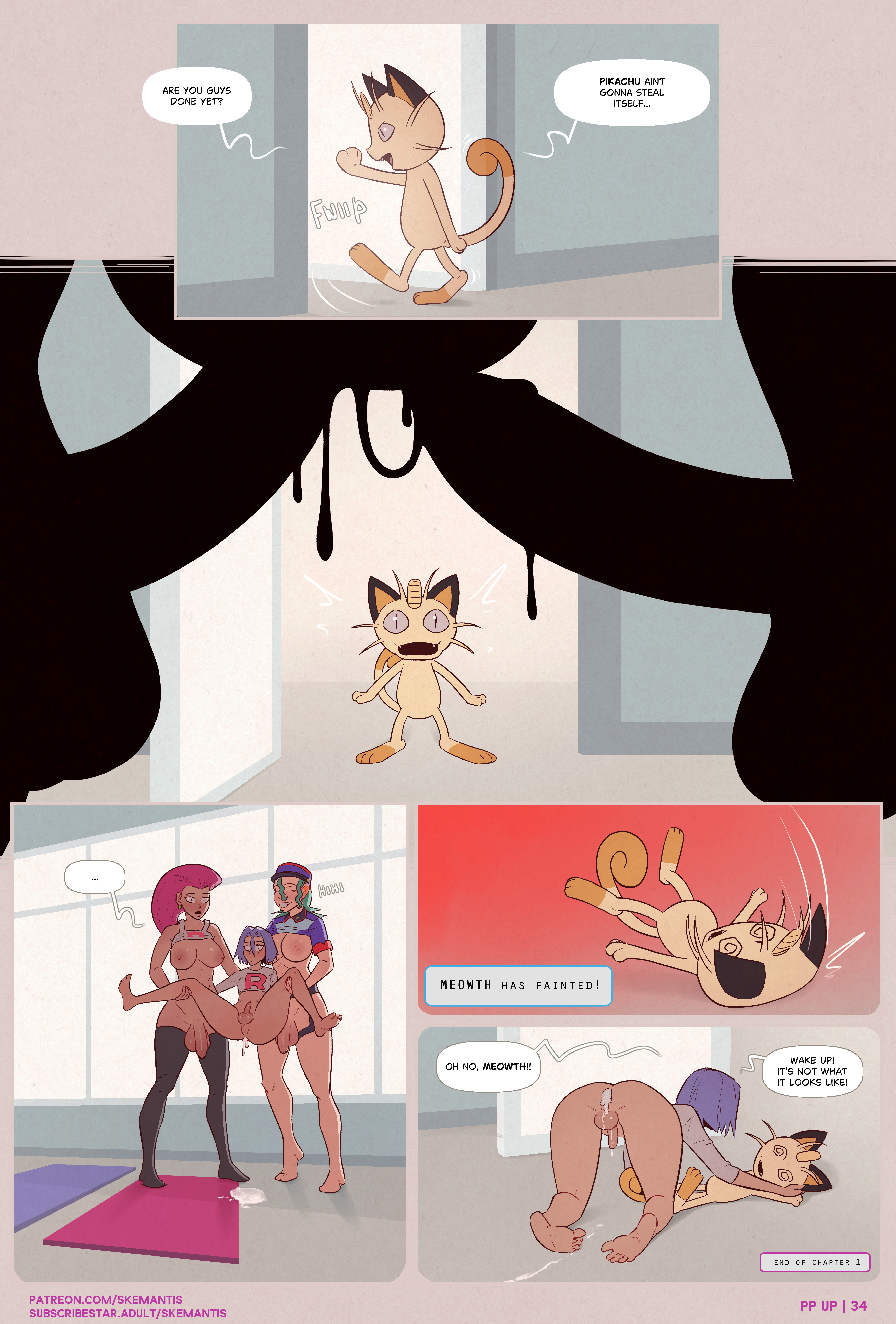 1boy, 2d, 2futas, absurd res, anal, balls, big balls, big penis, blue hair, color, comic, comic page, cum, cum in ass, cum inside, double anal, femboy, full color, futa on femboy, futa on male, futanari, green hair, human, human futa, human male, human only, intersex, intersex/male, james (pokemon), jessie (pokemon), light skin, light-skinned futa, light-skinned male, male, meowth, meowth (team rocket), multiple futa, nintendo, officer jenny (pokemon), penetration, penis, pink hair, pokemon, pokemon rgby, sex, skemantis, tagme, text