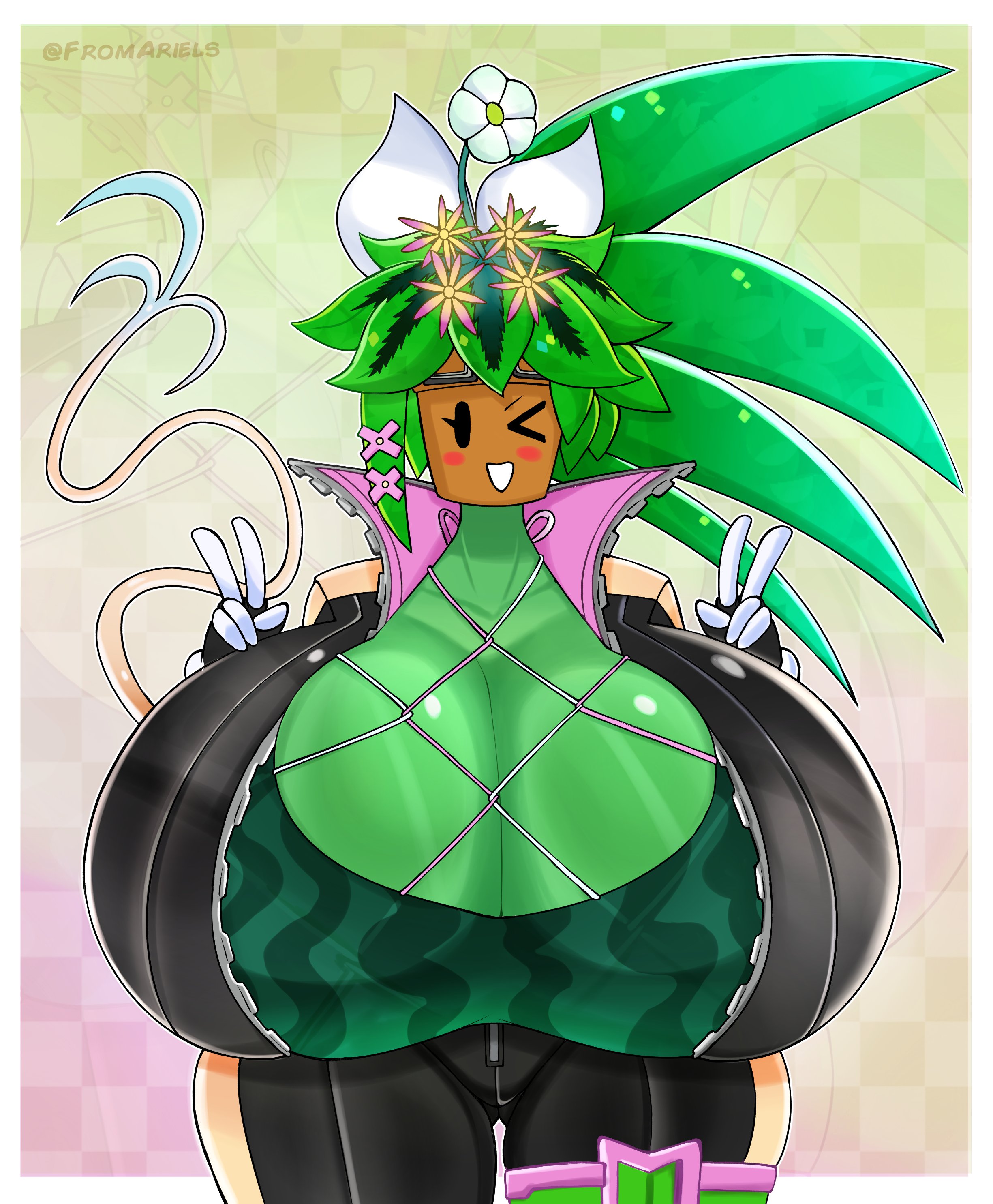 1girls, accessory, blaster master, blaster master zero 2, blush, bodysuit, breasts, cleavage, elemental creature, female, female focus, female only, flower, flower in hair, fromariels, gigantic breasts, green body, green skin, horny female, huge breasts, hyper, hyper breasts, kanna (blaster master), large breasts, leaf, leaf hair, object head, palm tree, plant, plant girl, pov, unzipped bodysuit, waist not visible